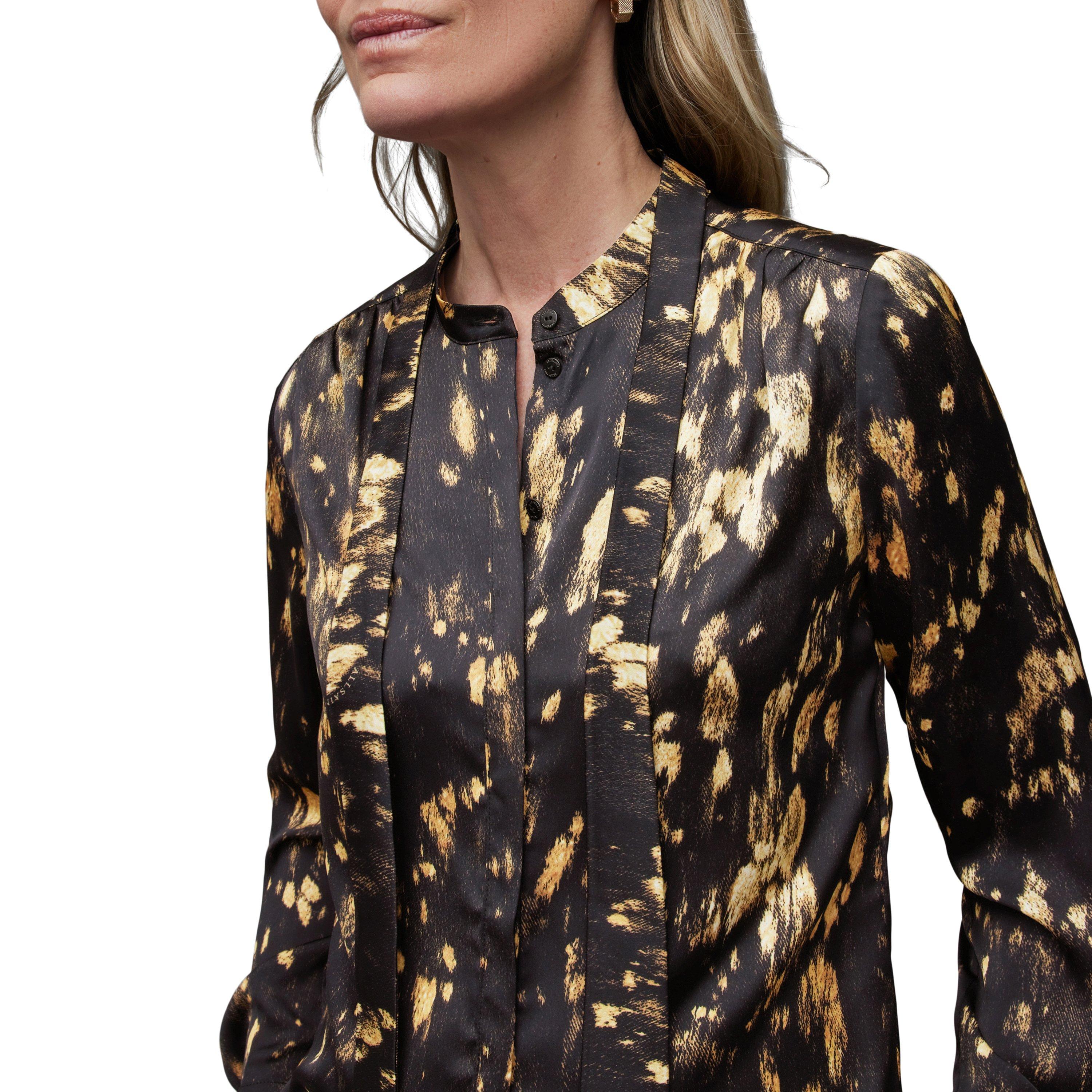 black - AllSaints - Women's Toni Silk Blend Gold Print Long-Sleeve Blouse - 5