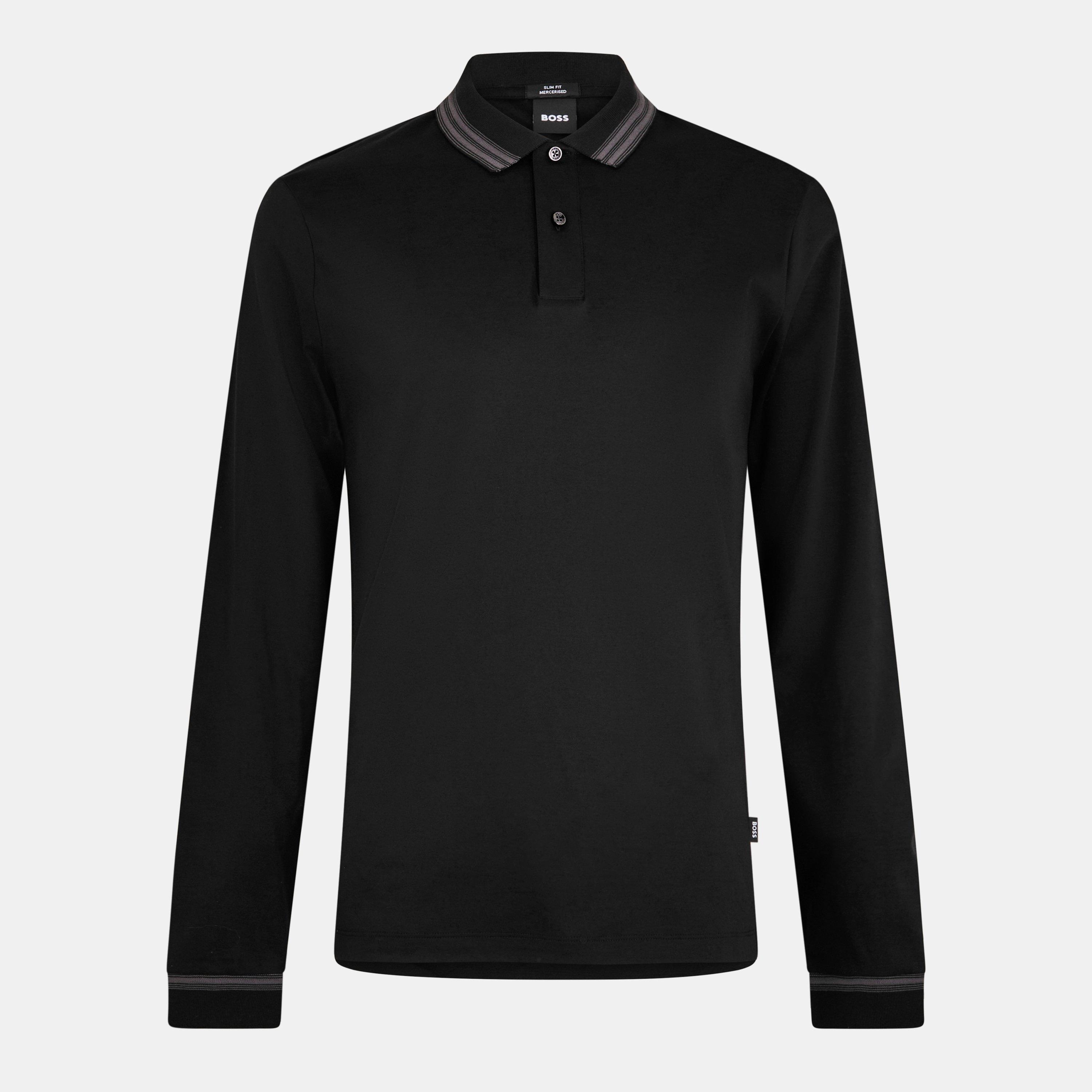 Black 001 - Boss - Men's H Pleins Black Long Sleeve Polo Shirt - 1