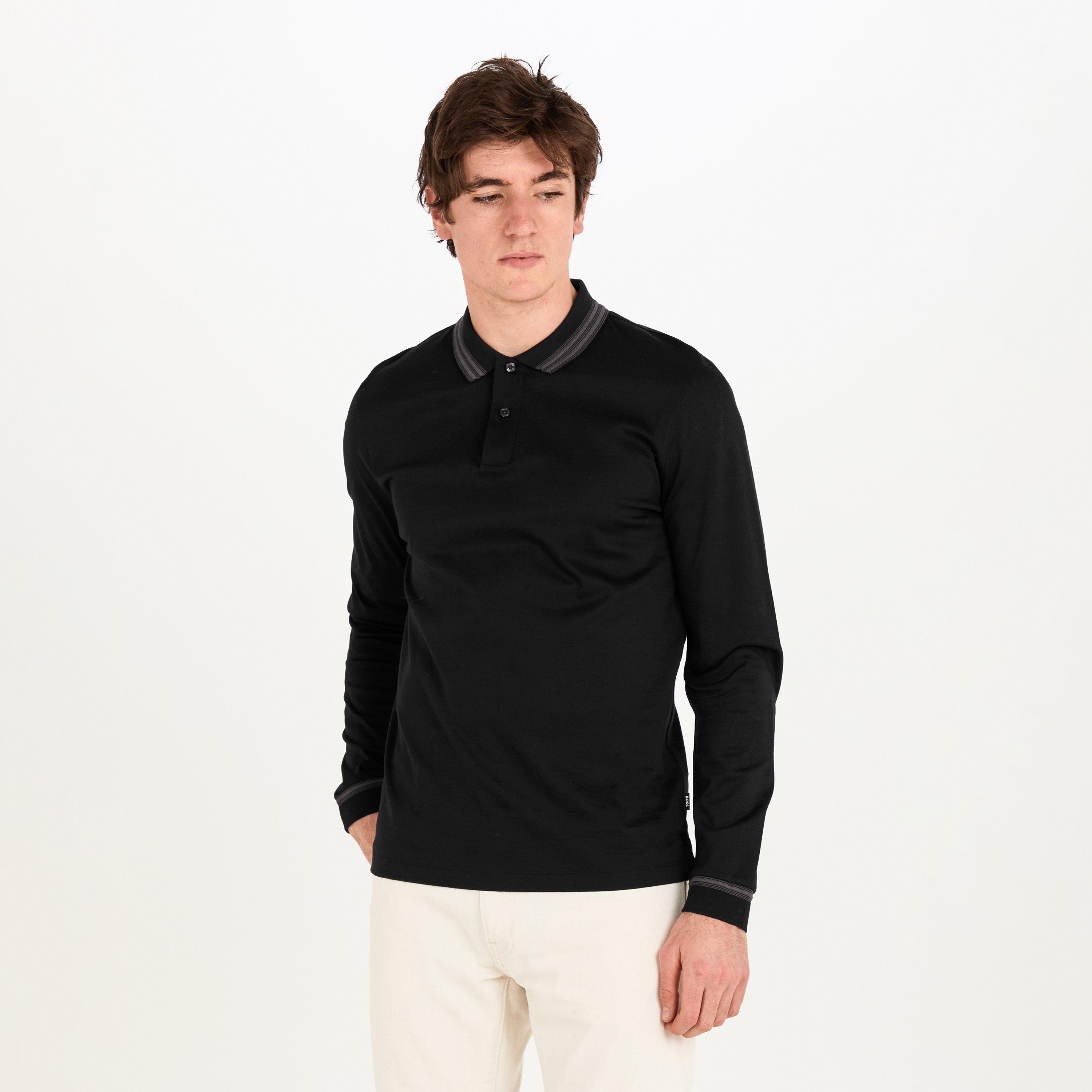 Black 001 - Boss - Men's H Pleins Black Long Sleeve Polo Shirt - 3