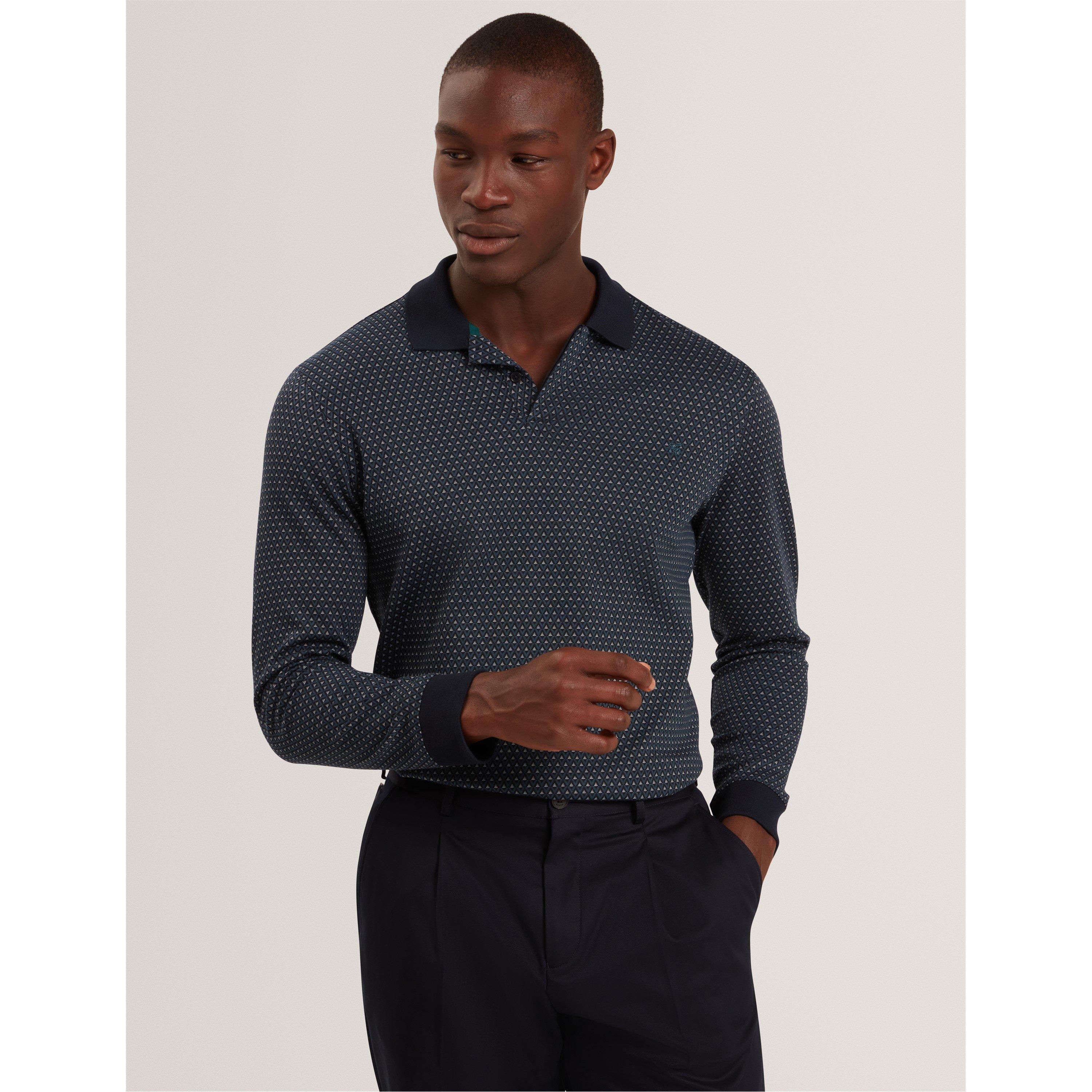 Navy - Ted Baker - Men's Jacquard Long Sleeve Polo Shirt - 2