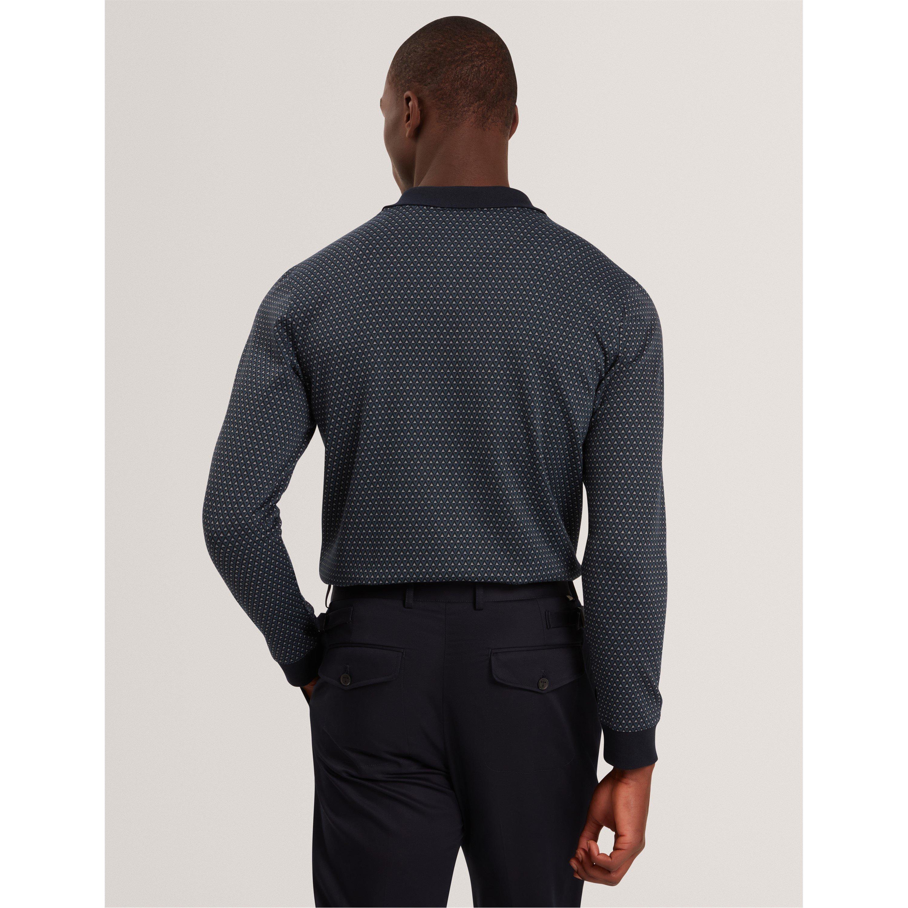 Navy - Ted Baker - Men's Jacquard Long Sleeve Polo Shirt - 3