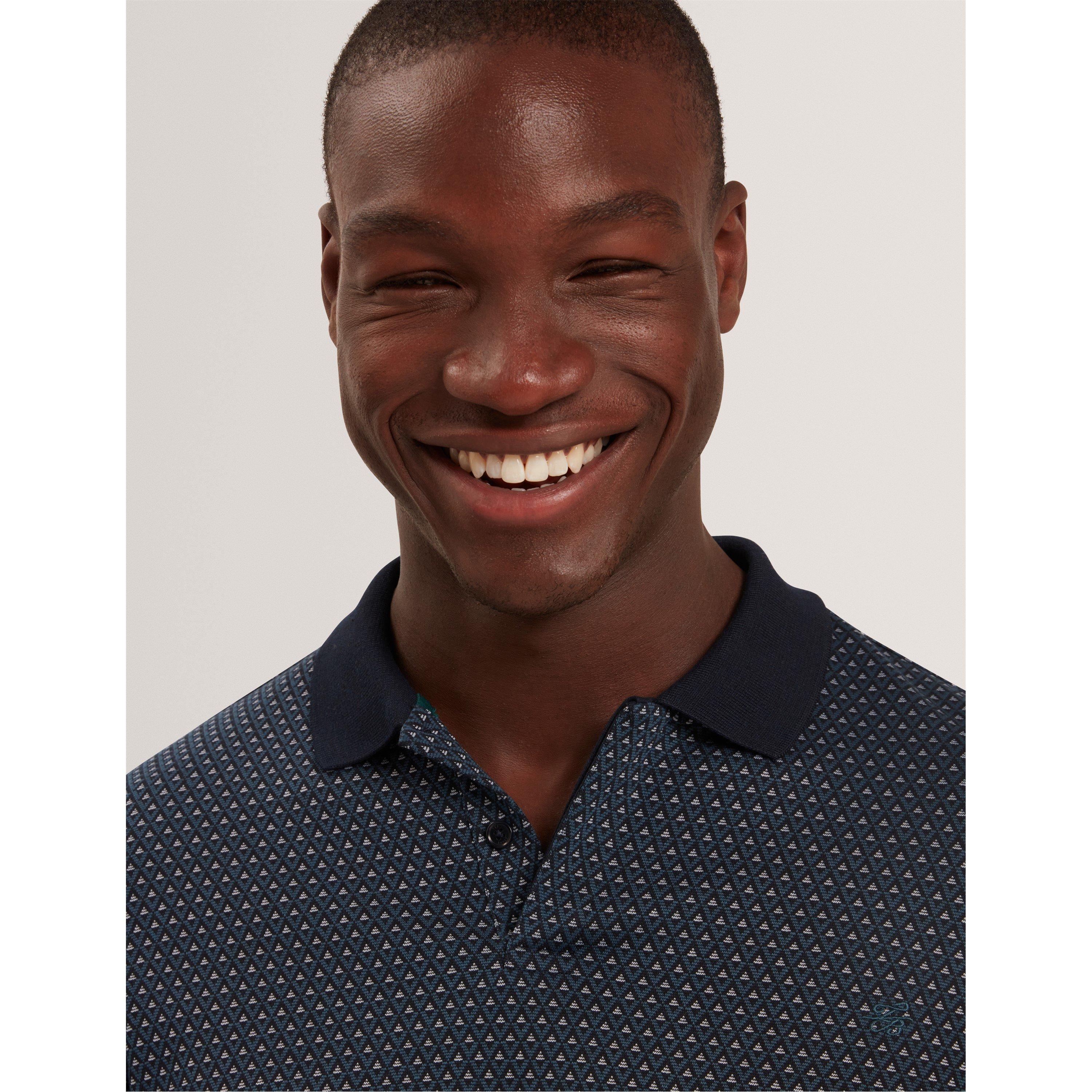 Navy - Ted Baker - Men's Jacquard Long Sleeve Polo Shirt - 4