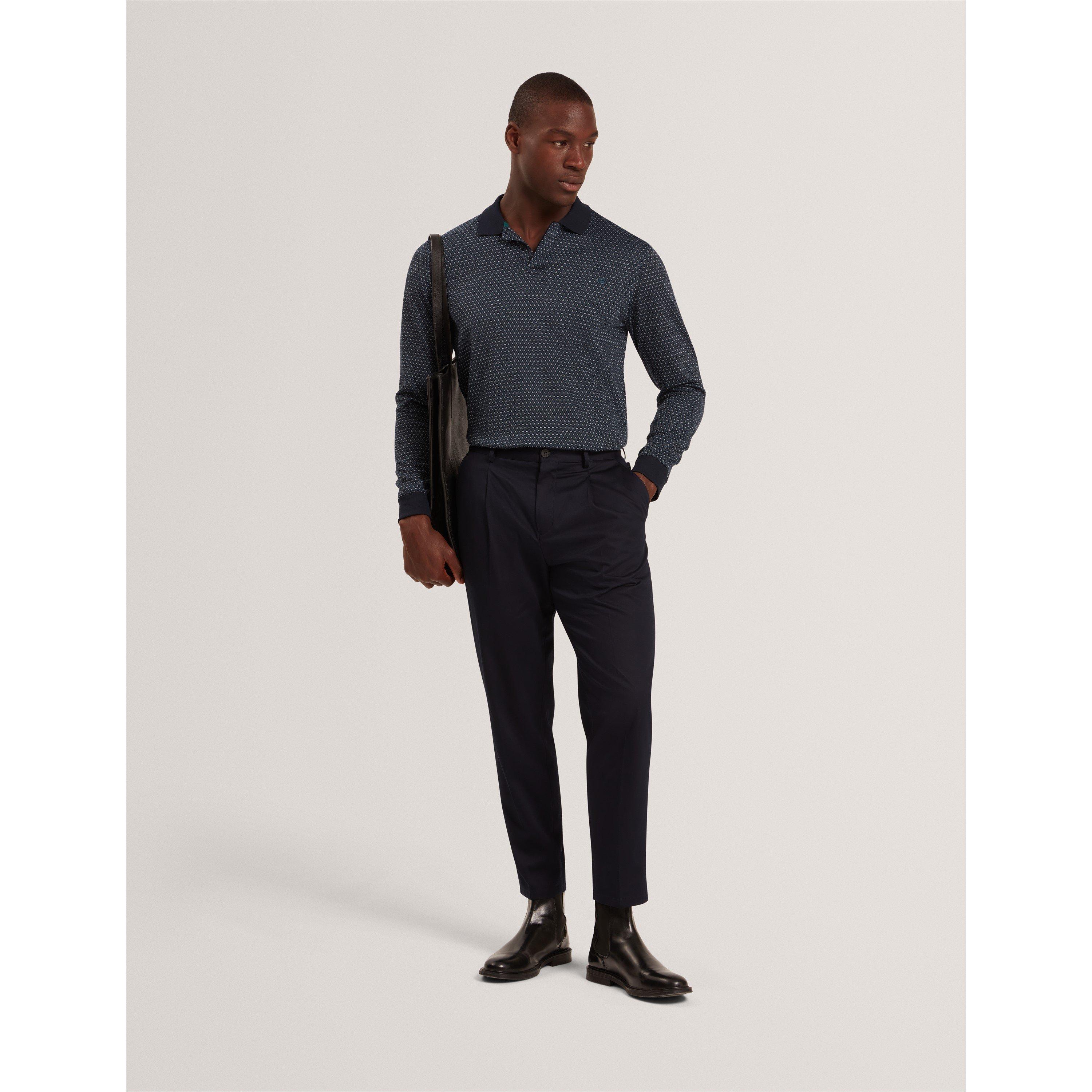 Navy - Ted Baker - Men's Jacquard Long Sleeve Polo Shirt - 5