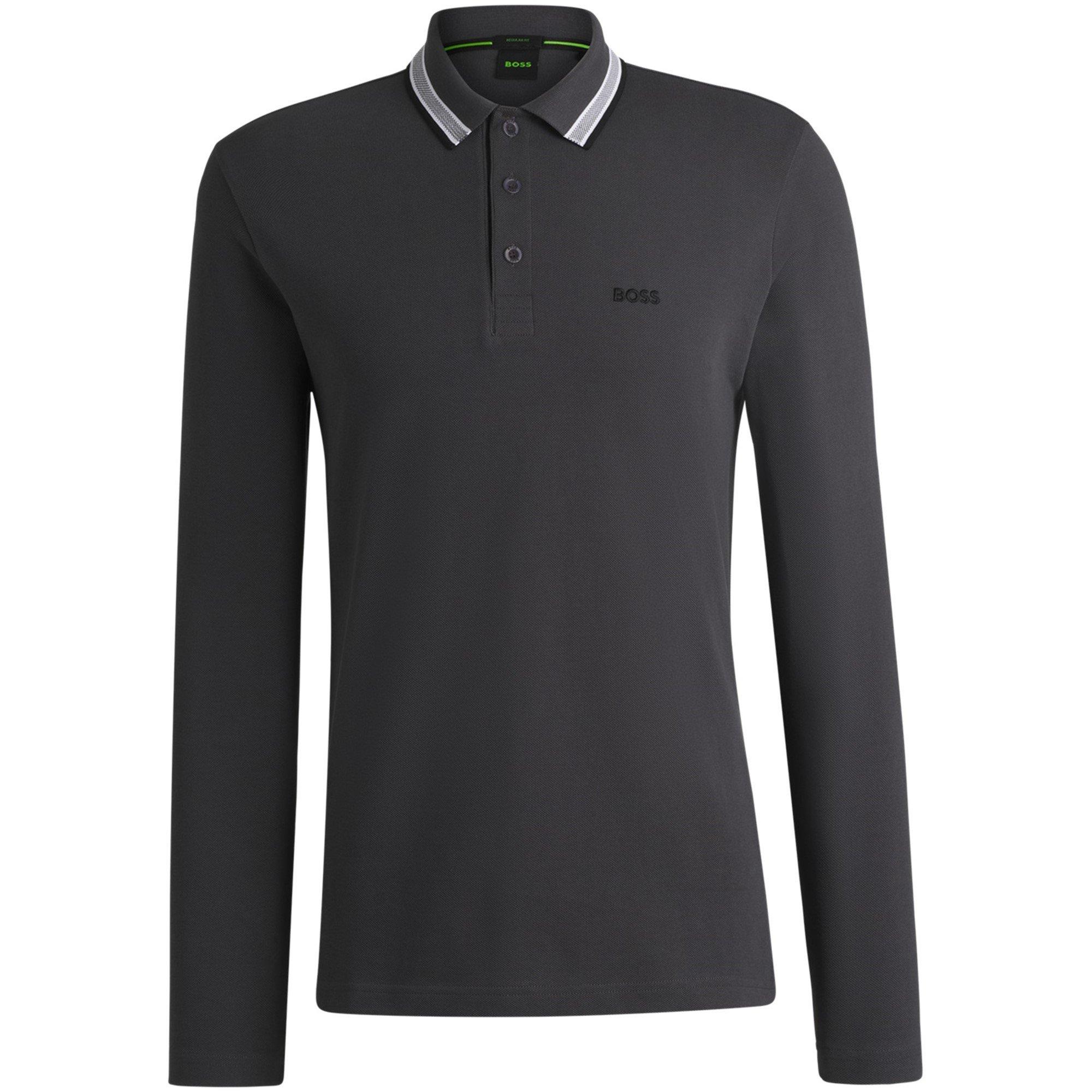 Boss Men's Plisy Tipped Collar Cotton Long Sleeve Polo Shirt - Dark Grey 027 - M