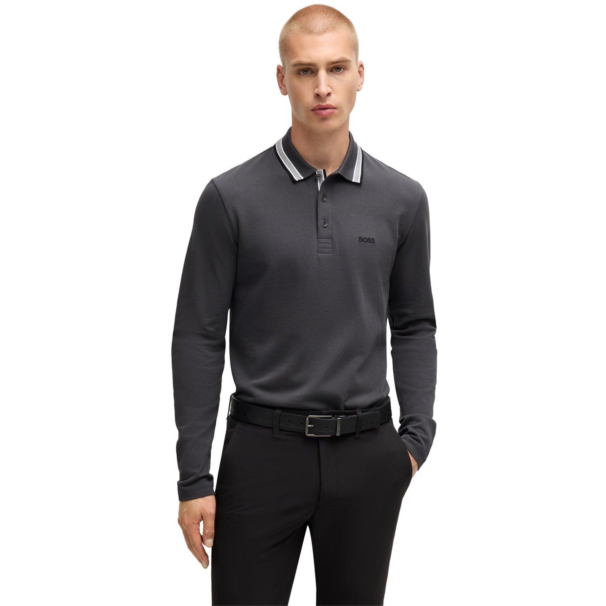 Dark Grey 027 - Boss - Men's Plisy Tipped Collar Cotton Long Sleeve Polo Shirt - 2
