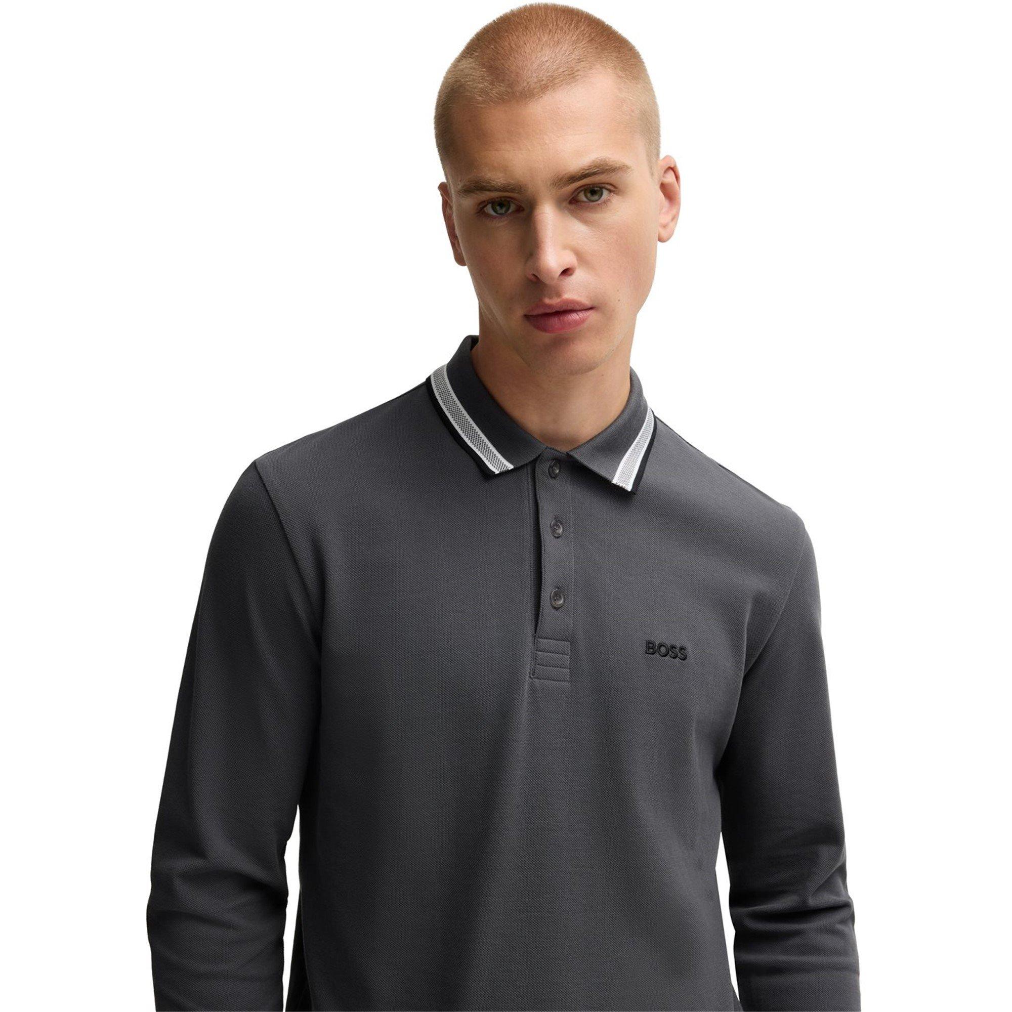 Dark Grey 027 - Boss - Men's Plisy Tipped Collar Cotton Long Sleeve Polo Shirt - 4