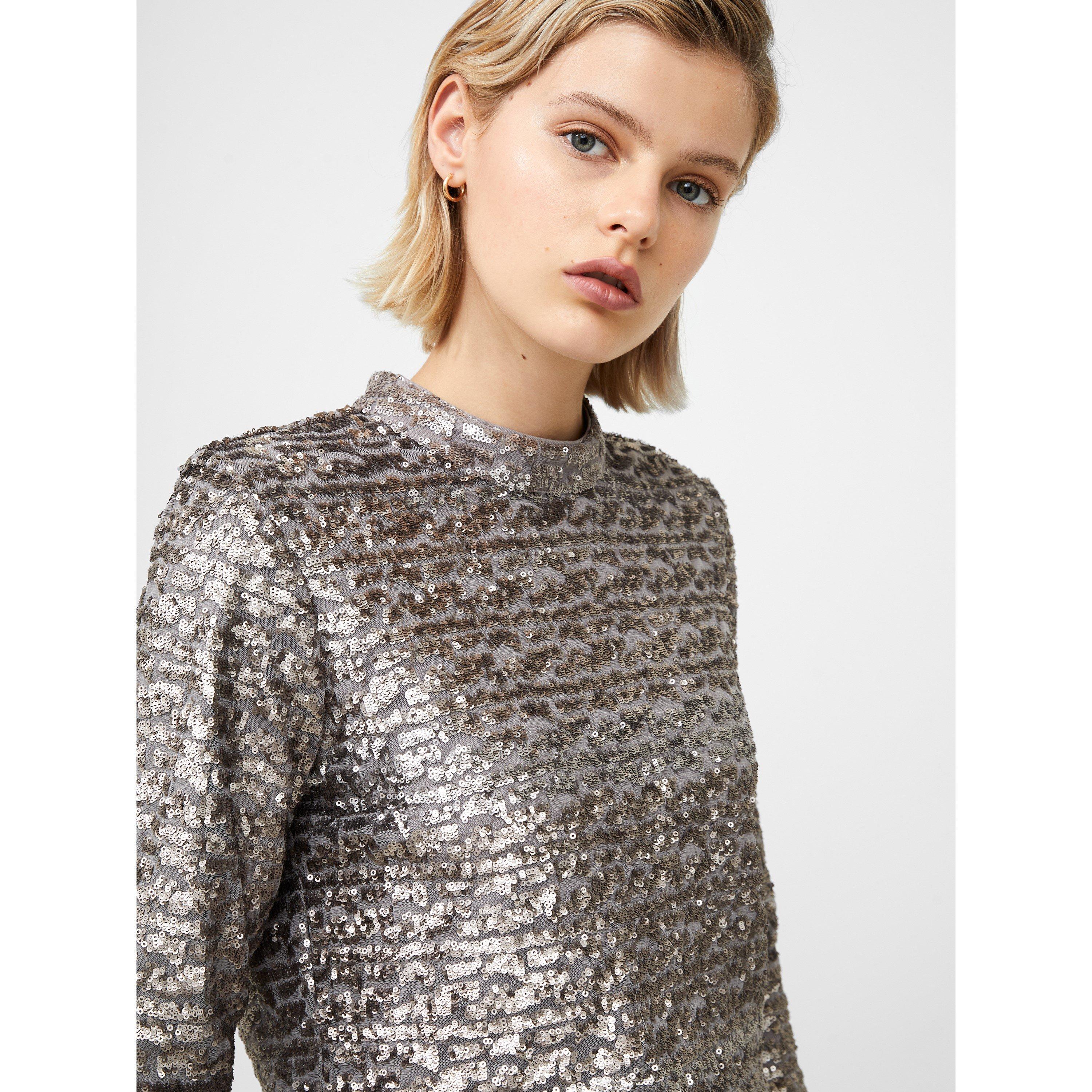 90-Gun Metal - French Connection - Women's Adalynn Sequin Long-Sleeve Blouse - 2