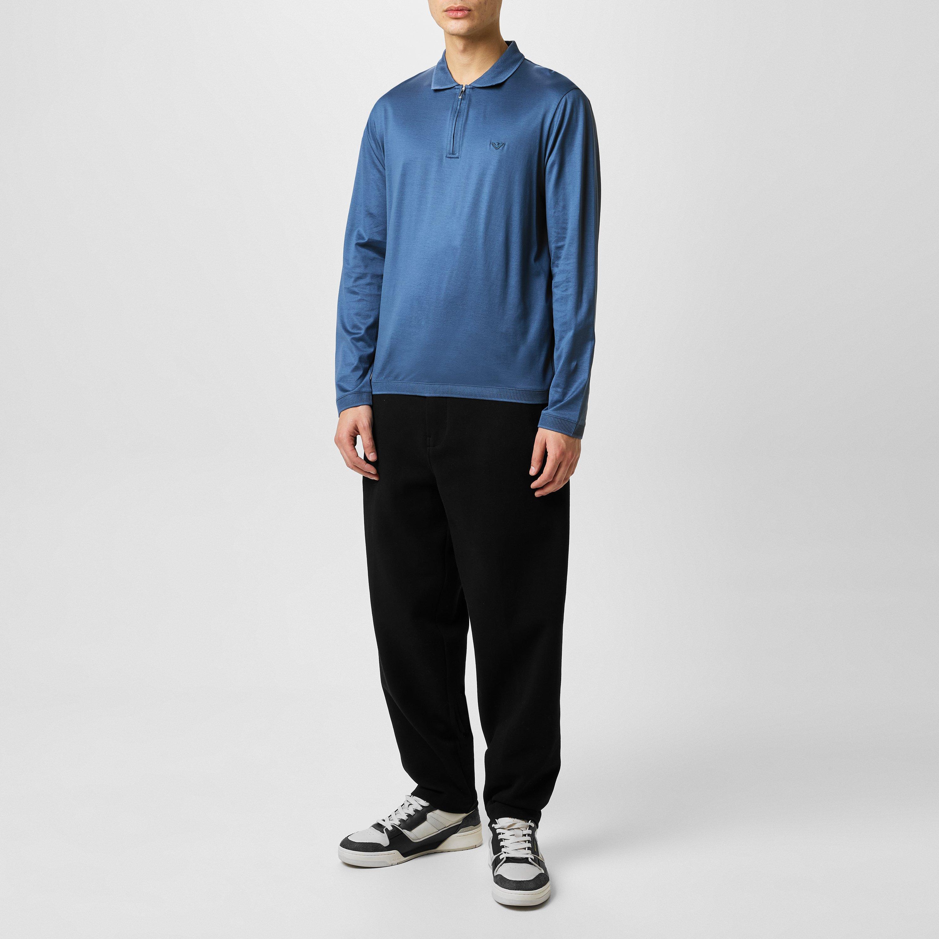 Ocean Blue - Emporio Armani - Mercerised Long Sleeve Polo Shirt - 4
