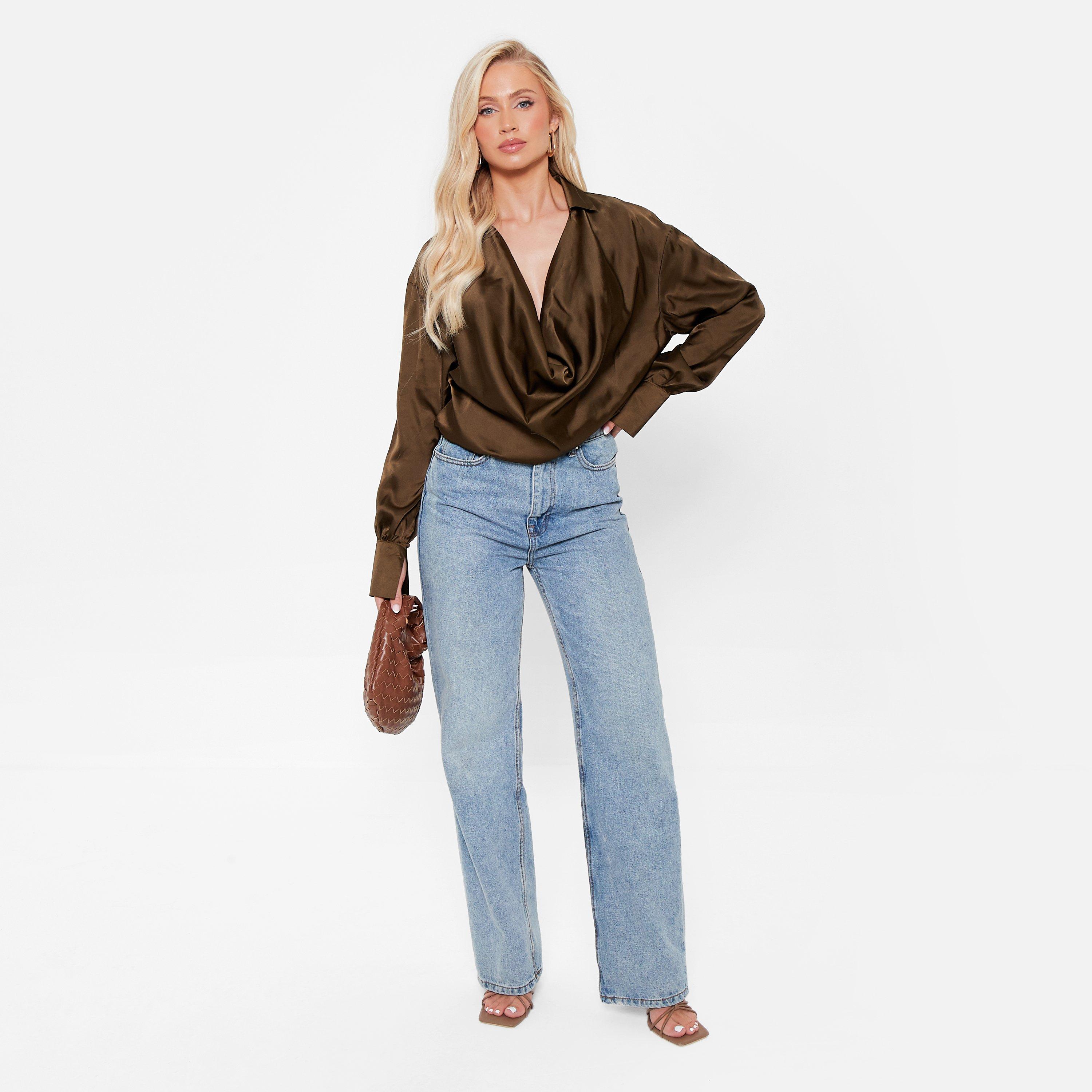 KHAKI - I Saw It First - Cowl Neck Plunge Satin Blouse - 2