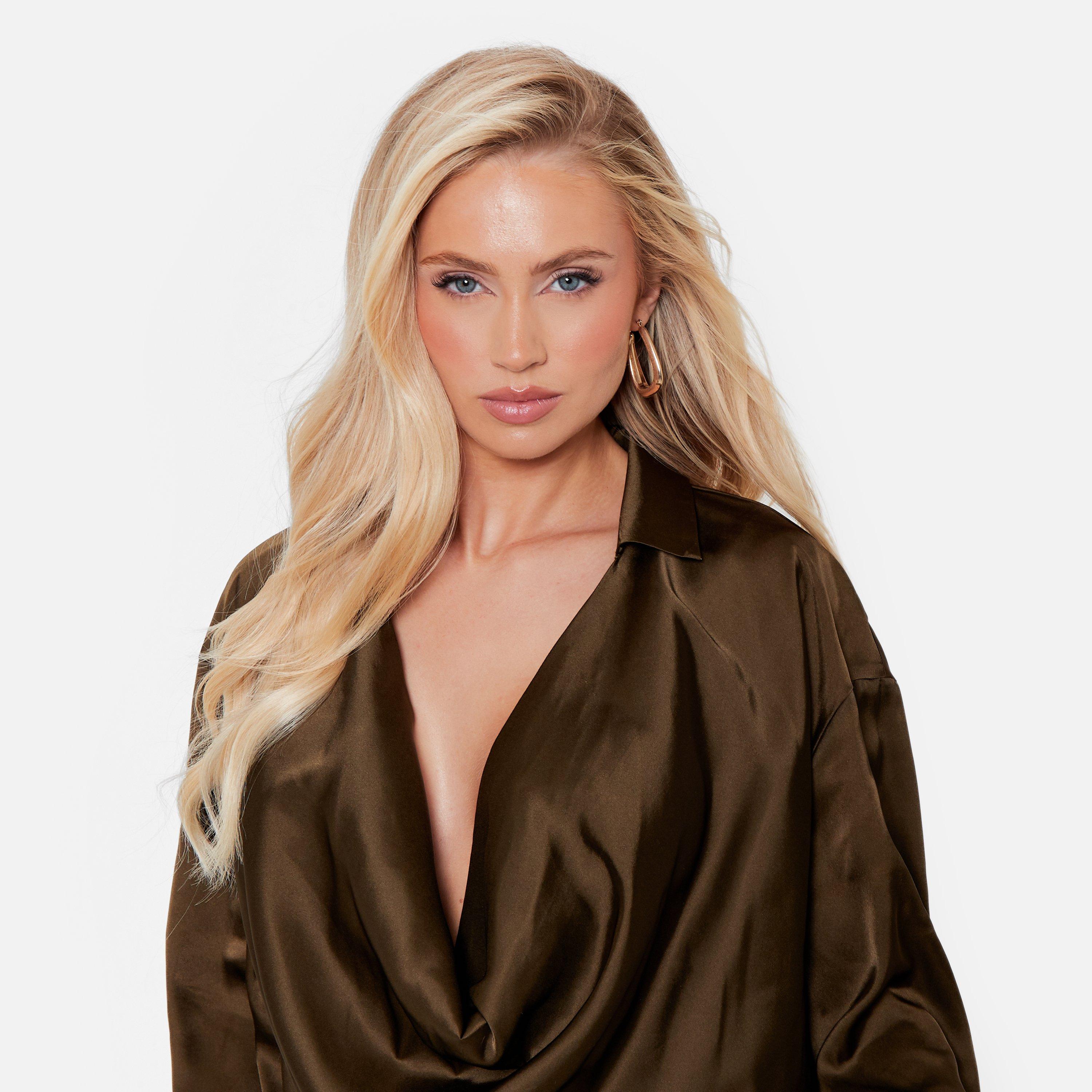 KHAKI - I Saw It First - Cowl Neck Plunge Satin Blouse - 3