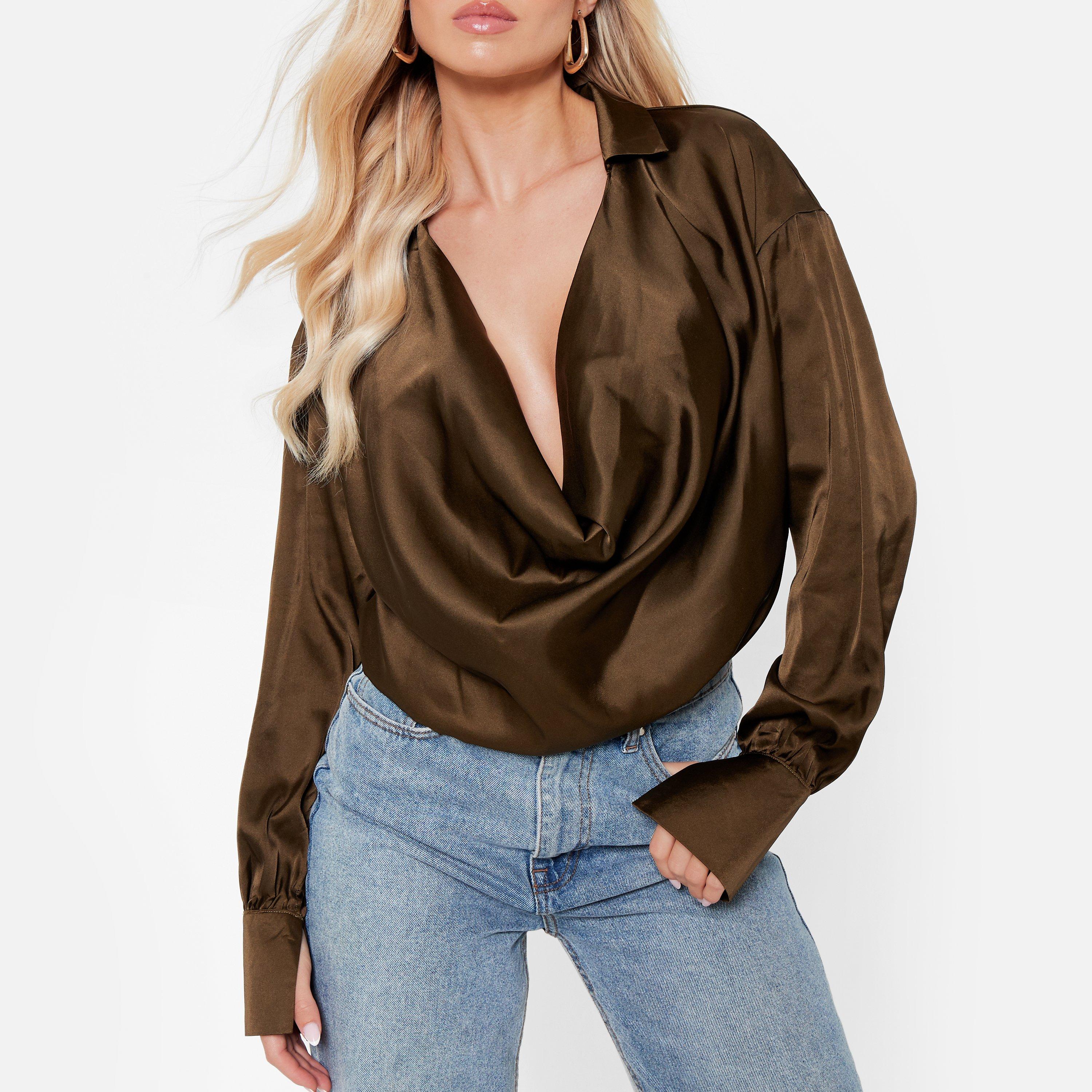 KHAKI - I Saw It First - Cowl Neck Plunge Satin Blouse - 4