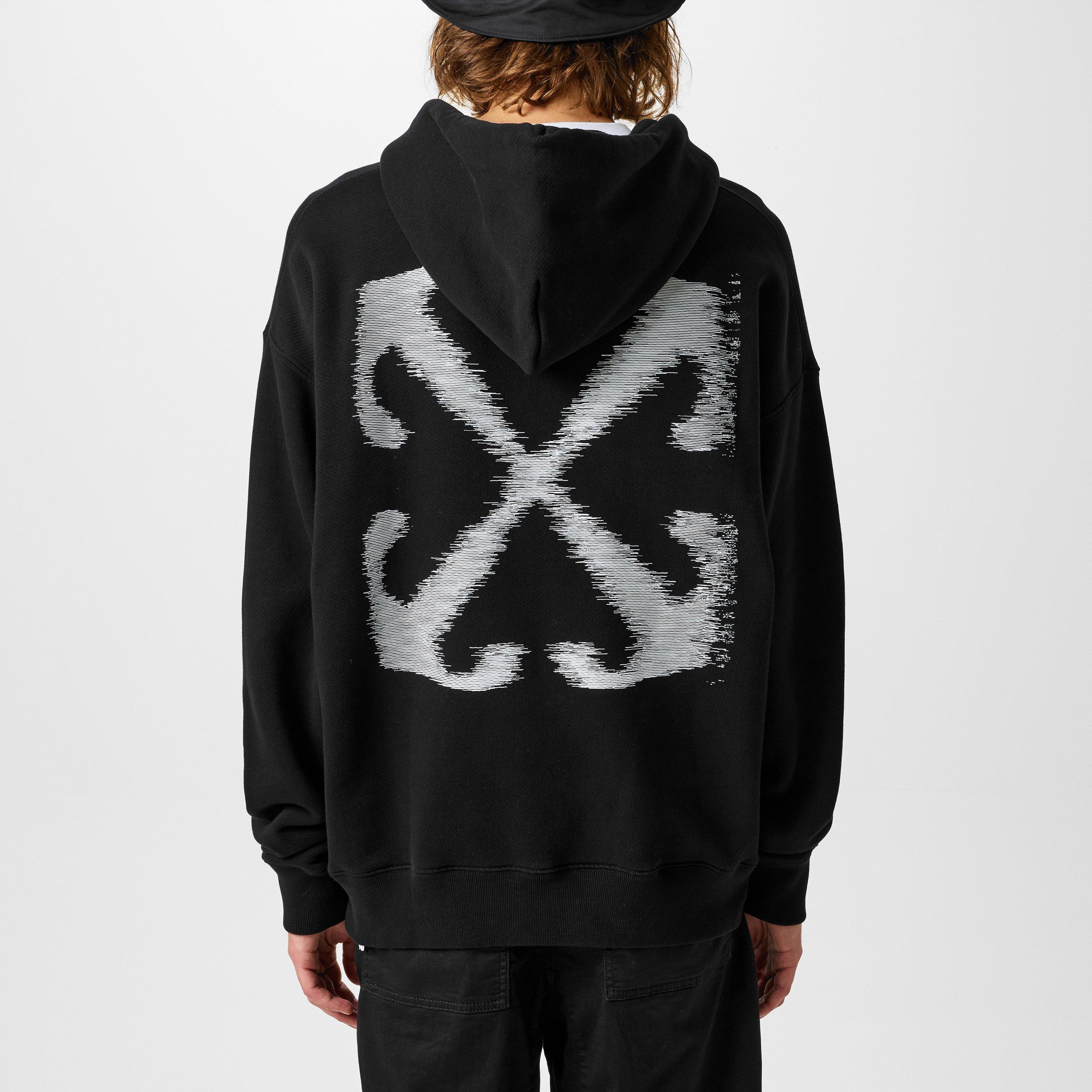 Black - Off White - Men's Logo Print Hoodie, Iconic Branding Arrow Motif - 4