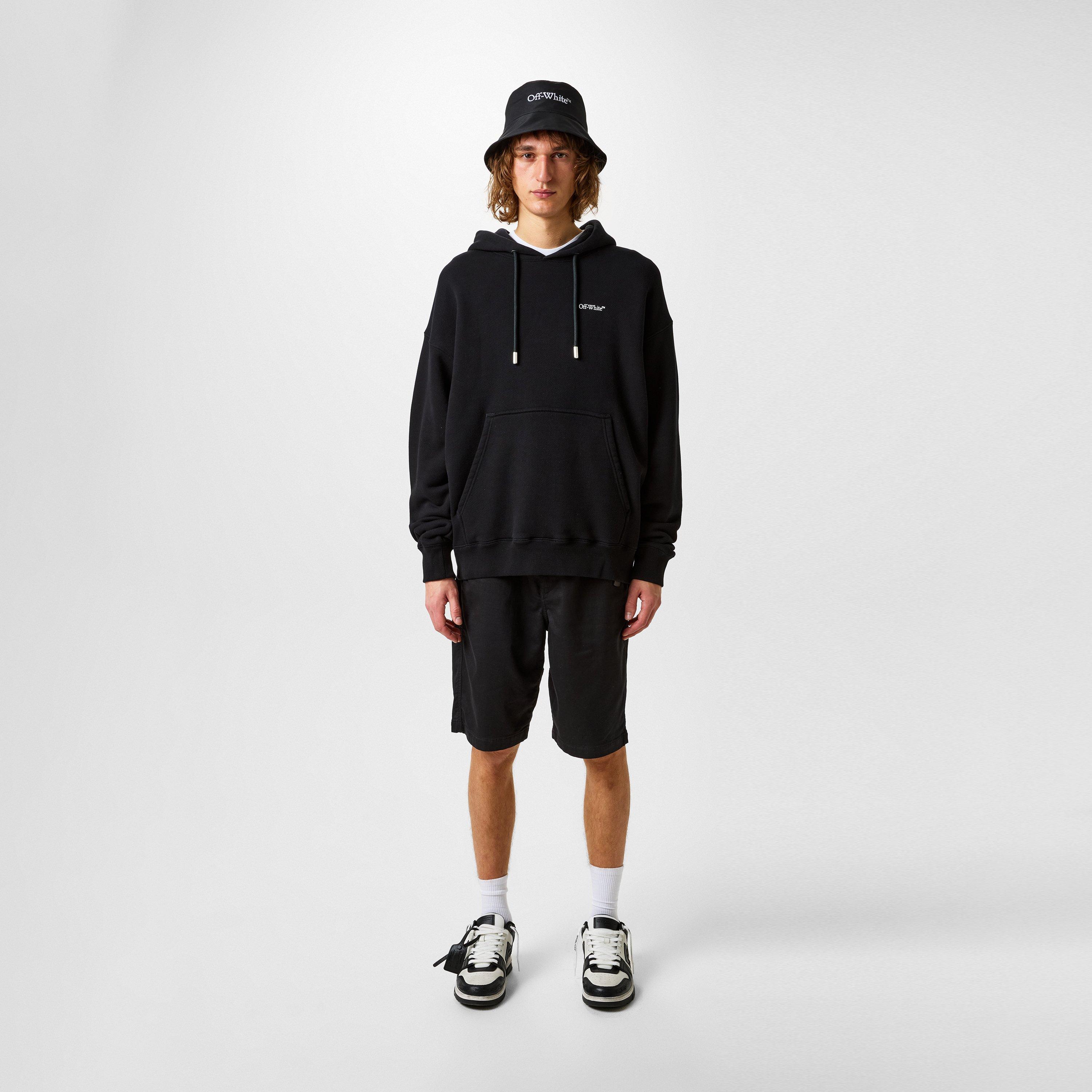 Black - Off White - Men's Logo Print Hoodie, Iconic Branding Arrow Motif - 6