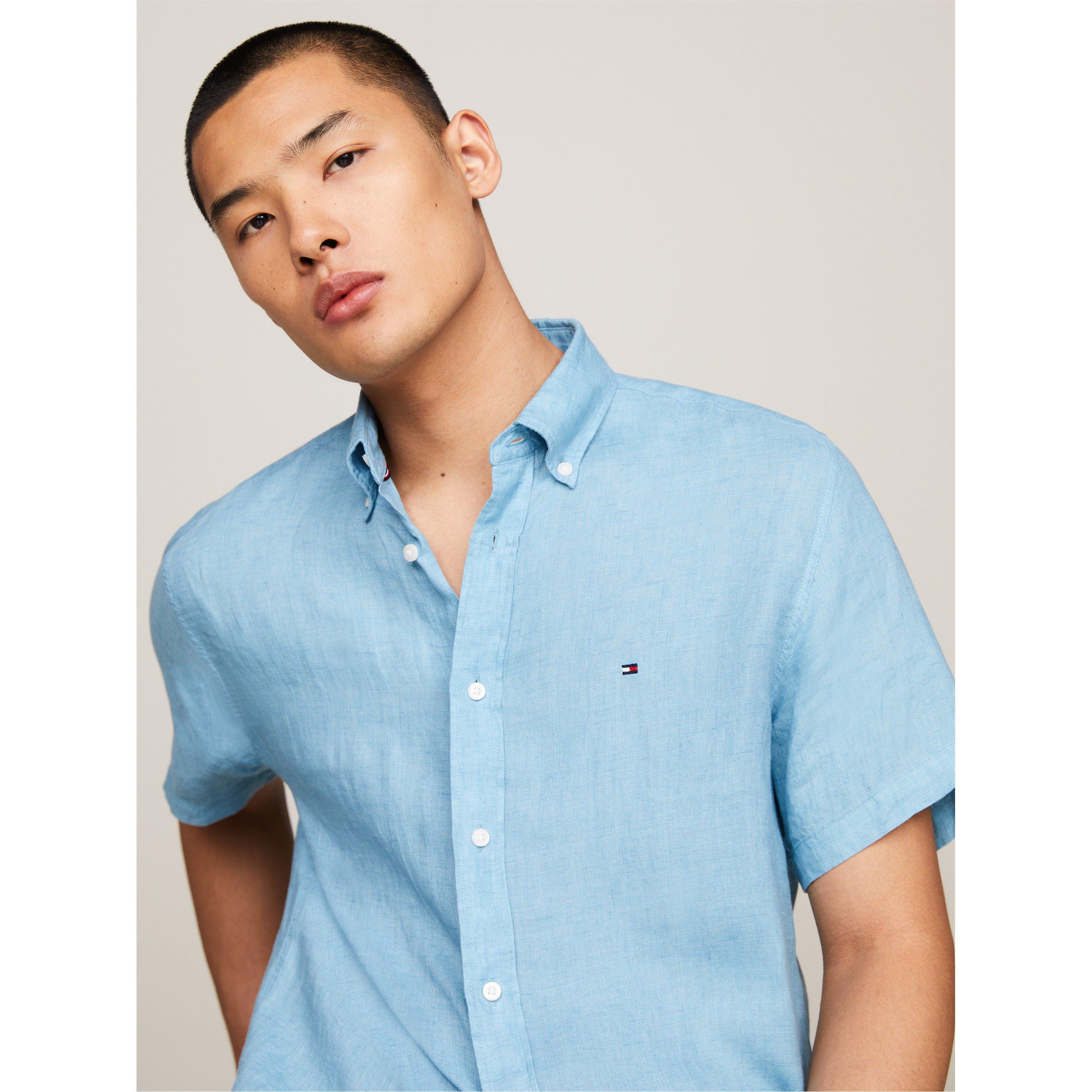 Sleepy Blue - Tommy Hilfiger - Men's Linen Short-Sleeve Plain Shirt - 4