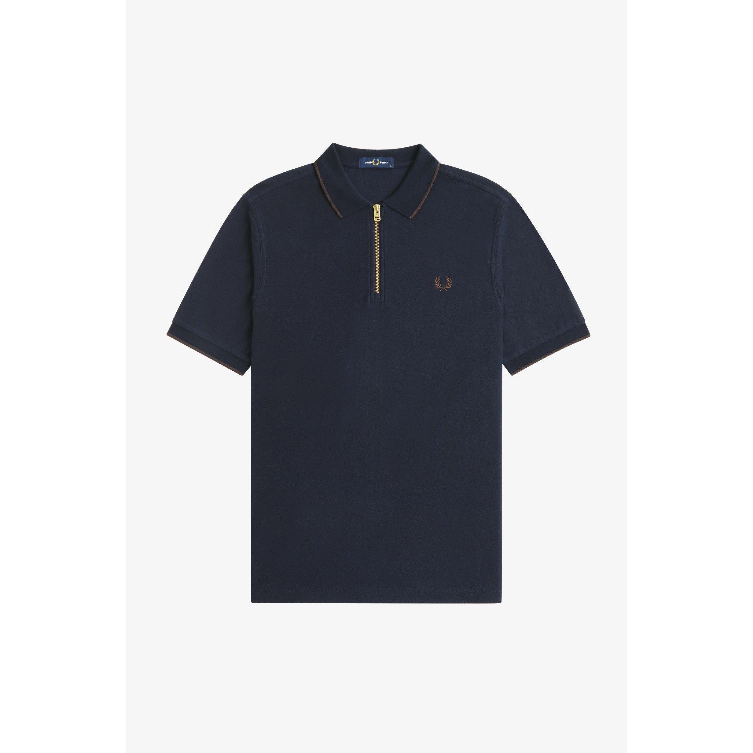 Navy 608 - Fred Perry - Men's Zipped Textured Short Sleeve Polo Shirt - 1