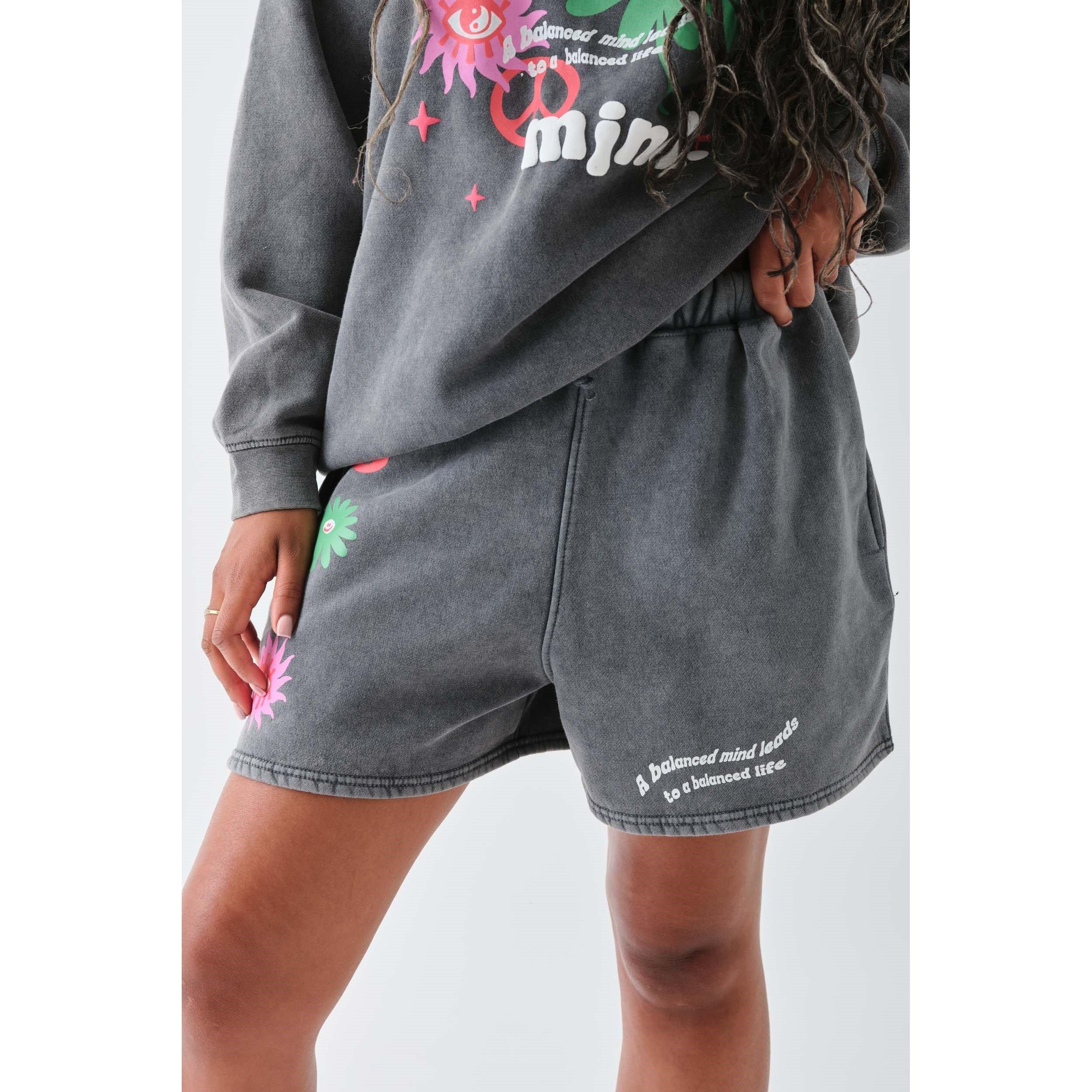 Grey - Daisy Street - Women's Puff Print Fleece Jogger Shorts - 2