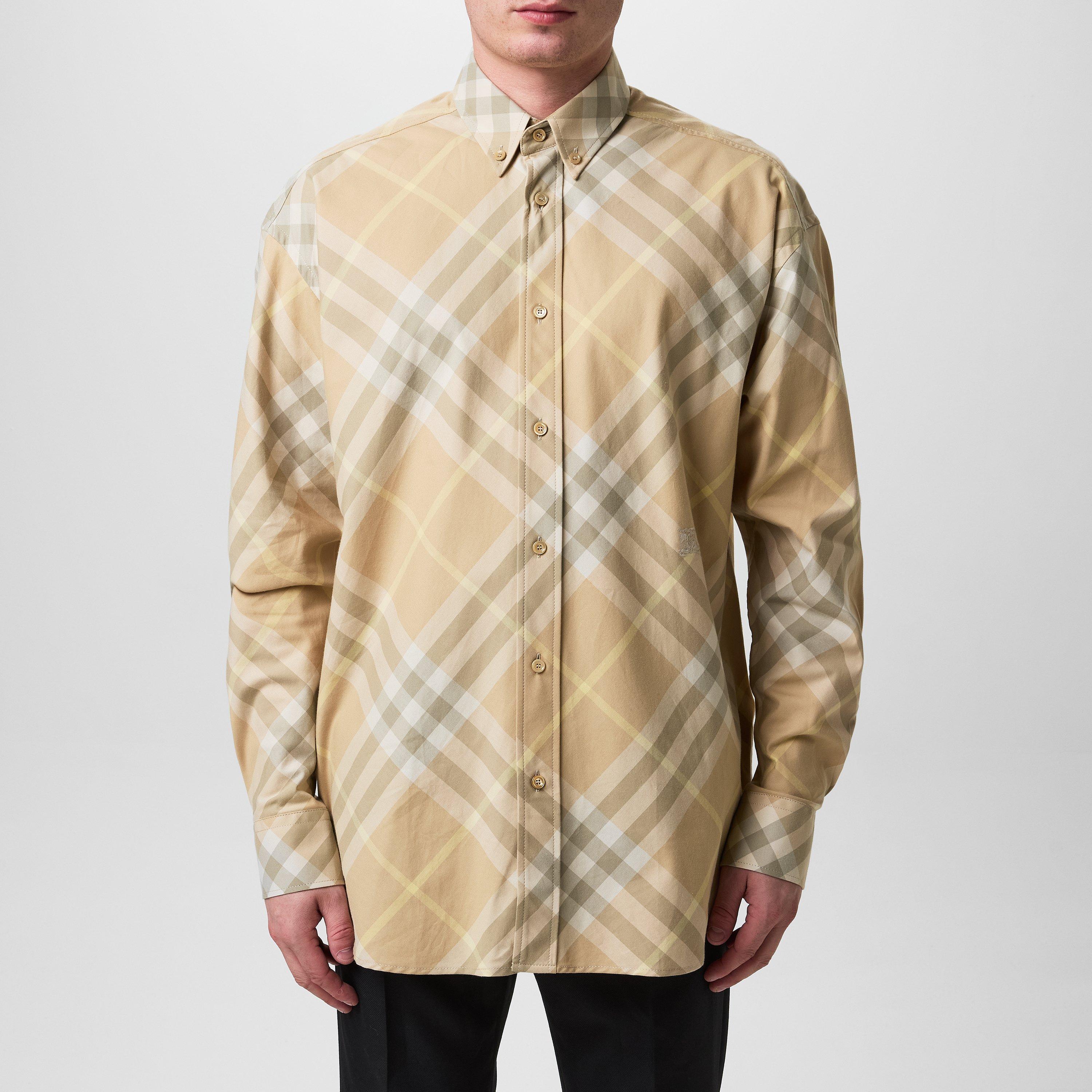 Tシャツ・カットソー Burberry Check shirt with logo embroidery (8082478 FLAX) Burberry | Flax Check Shirt | Patterned Shirt - Long Sleeve