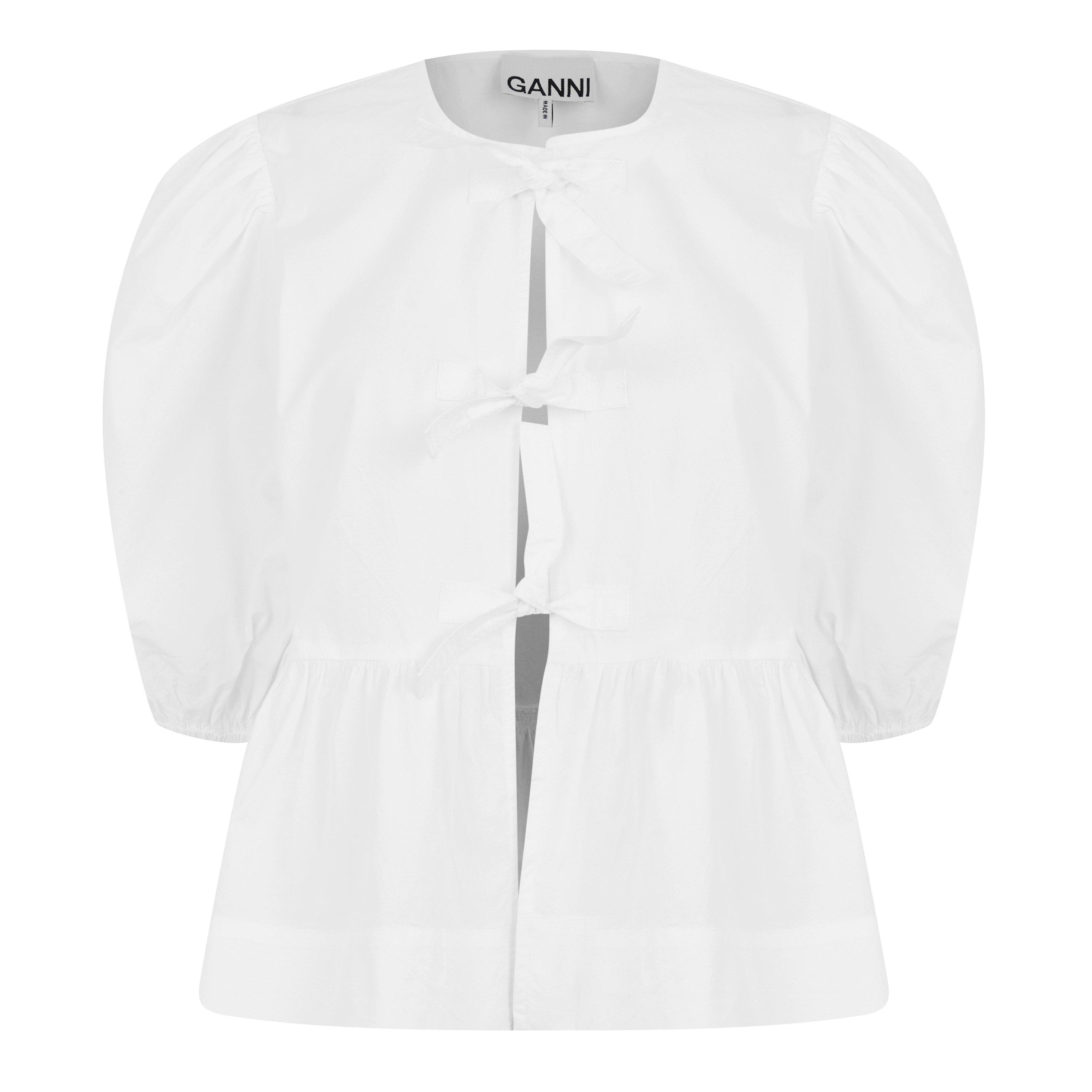 Ganni Cotton Poplin Peplum Tie Blouse - Bright White - Size 16 (42)