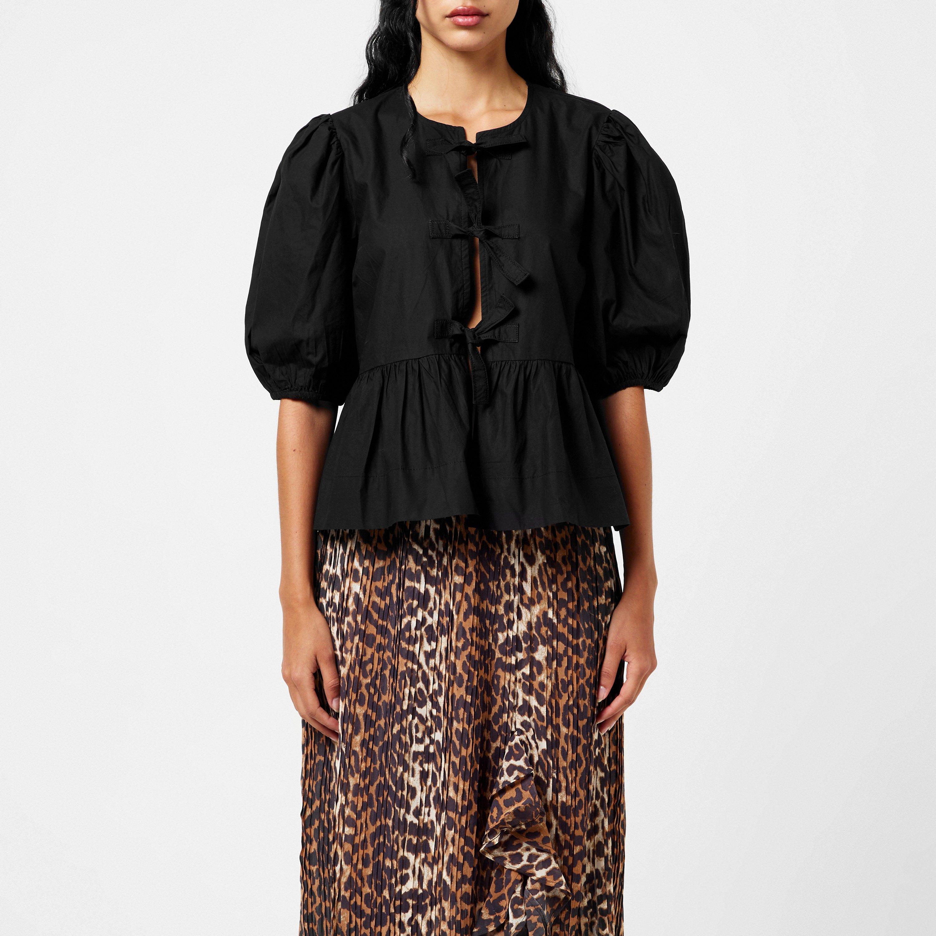 Ganni Cotton Poplin Peplum Tie Blouse - Black - Size 8 (34)