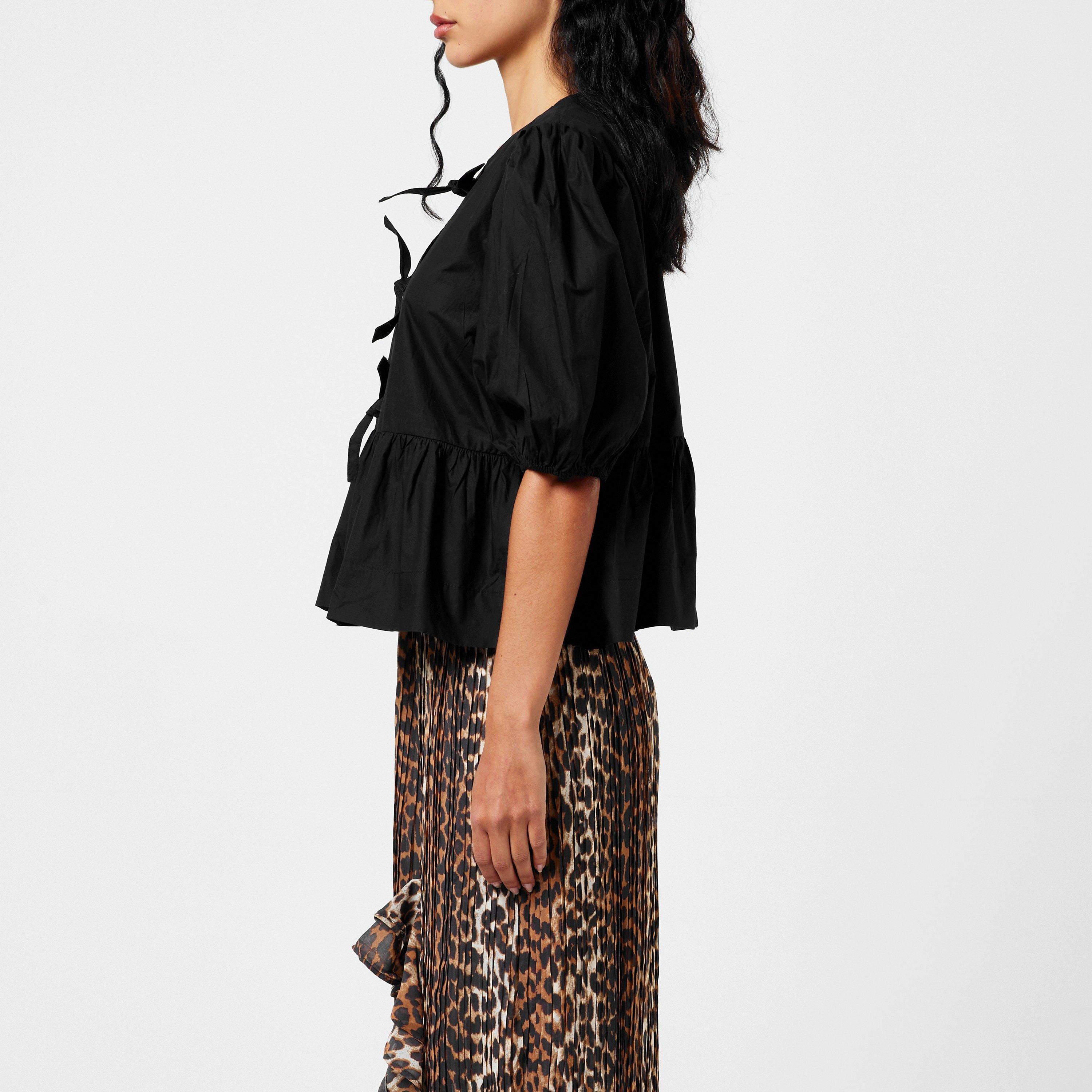 Black - Ganni - Cotton Poplin Peplum Tie Blouse - 2