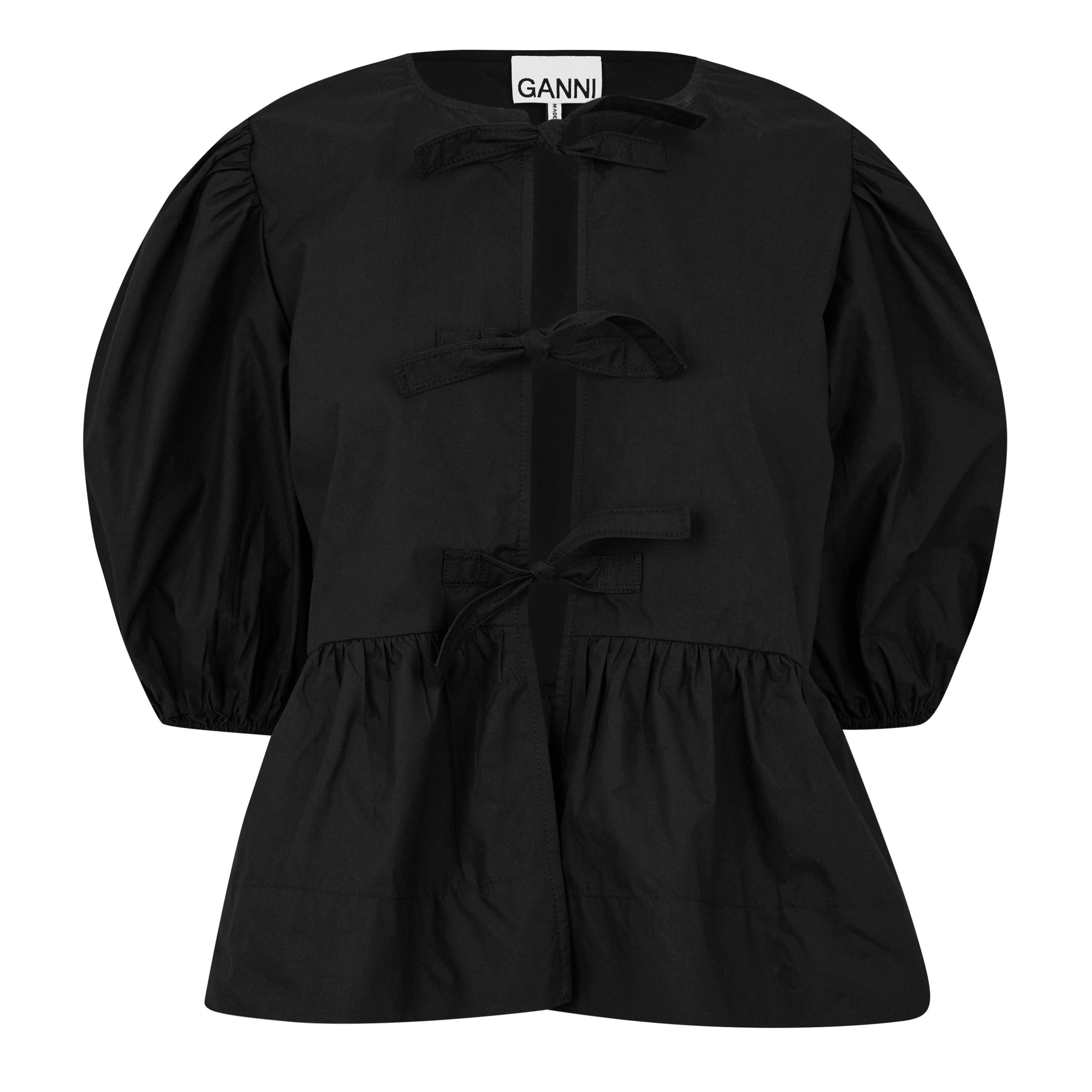 Black - Ganni - Cotton Poplin Peplum Tie Blouse - 5