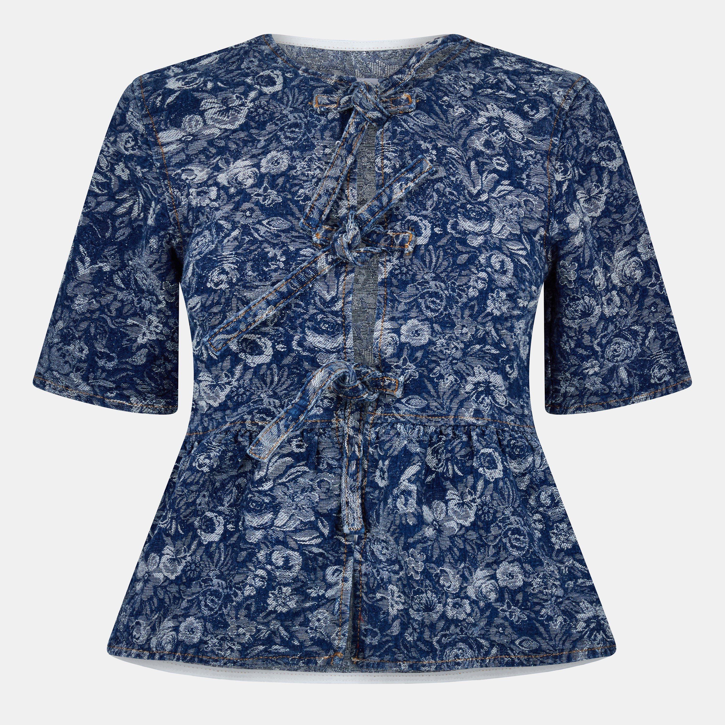 Ganni Cotton Poplin Peplum Tie Blouse - Tapestry Mid B - Size 16 (42)