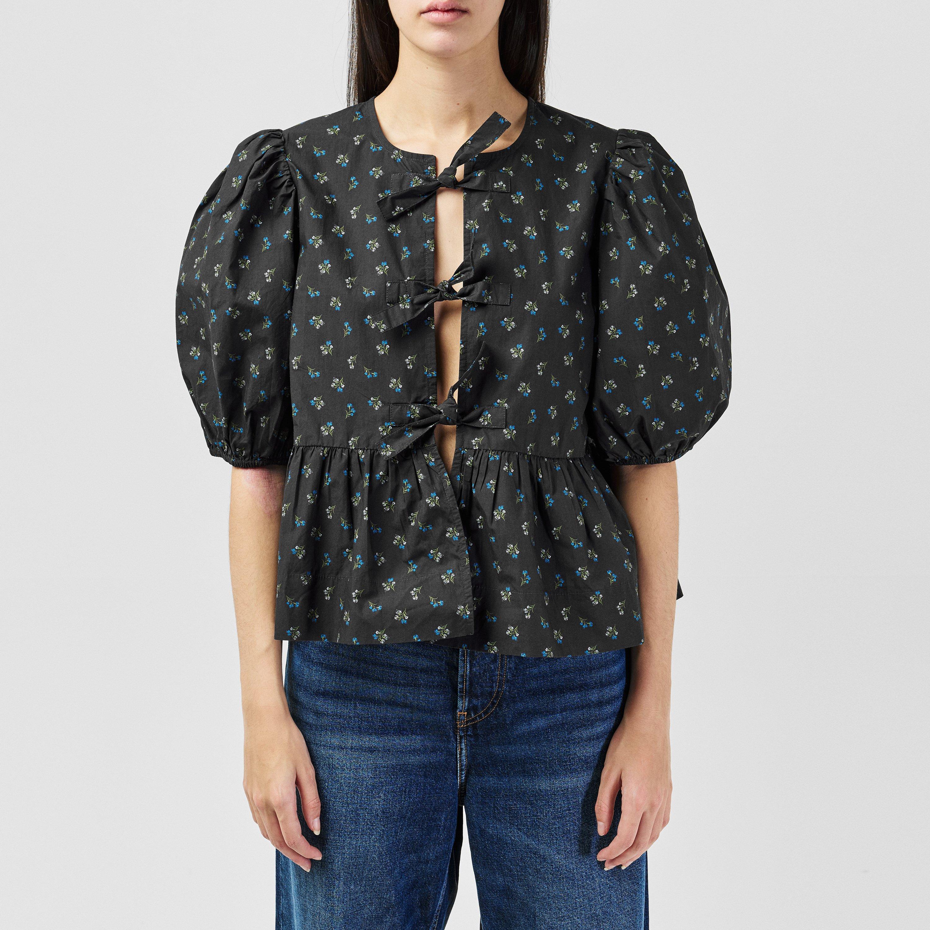 Ganni Cotton Poplin Peplum Tie Blouse - Printed Phantom - Size 12 (38)