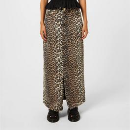 Ganni Leopard Denim Maxi Slit Skirt