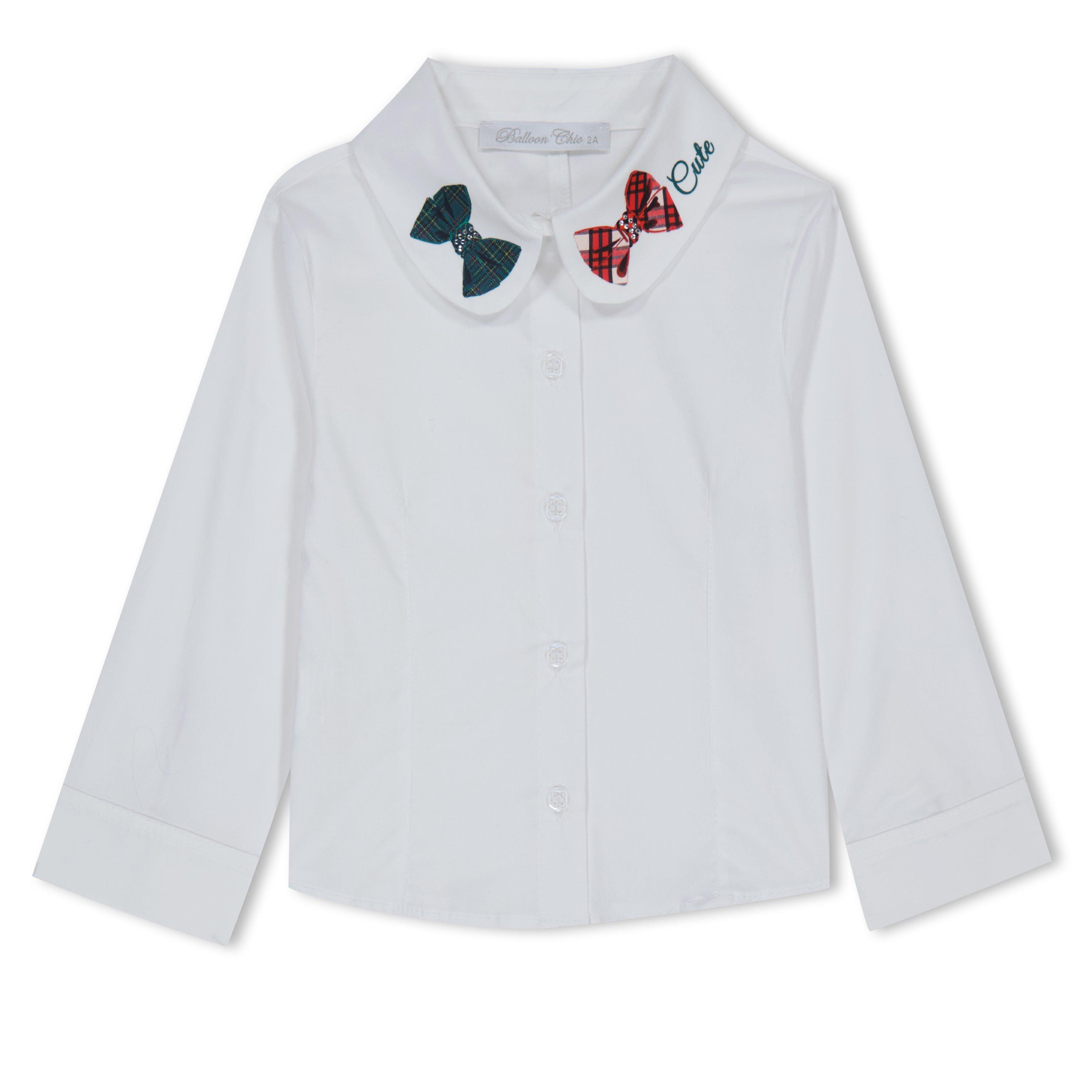 White - Balloon Chic - Kids' Bow Tie Print Long-Sleeve Blouse - 1