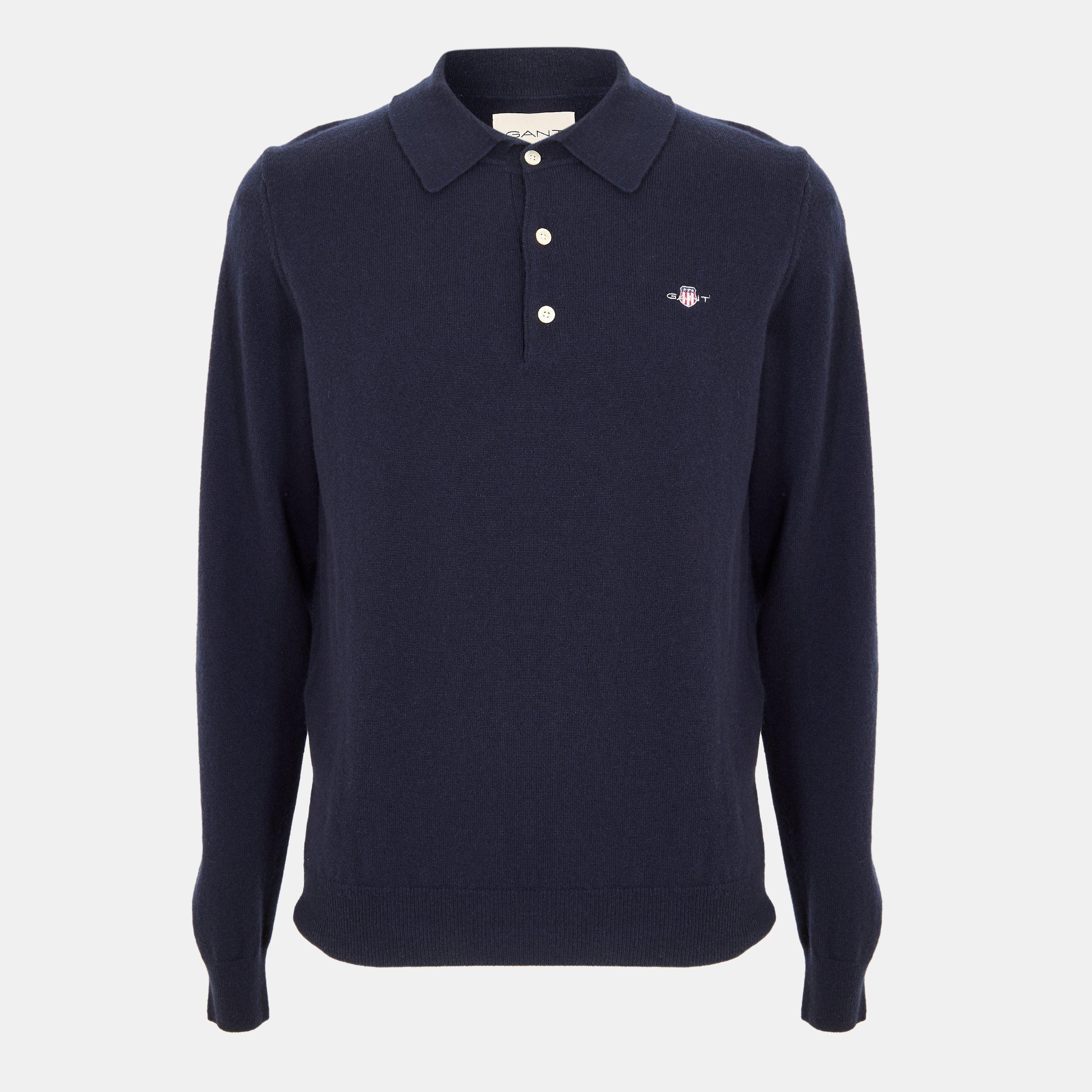 Gant Men's Superfine Lambswool Long Sleeve Polo Shirt - Navy - S