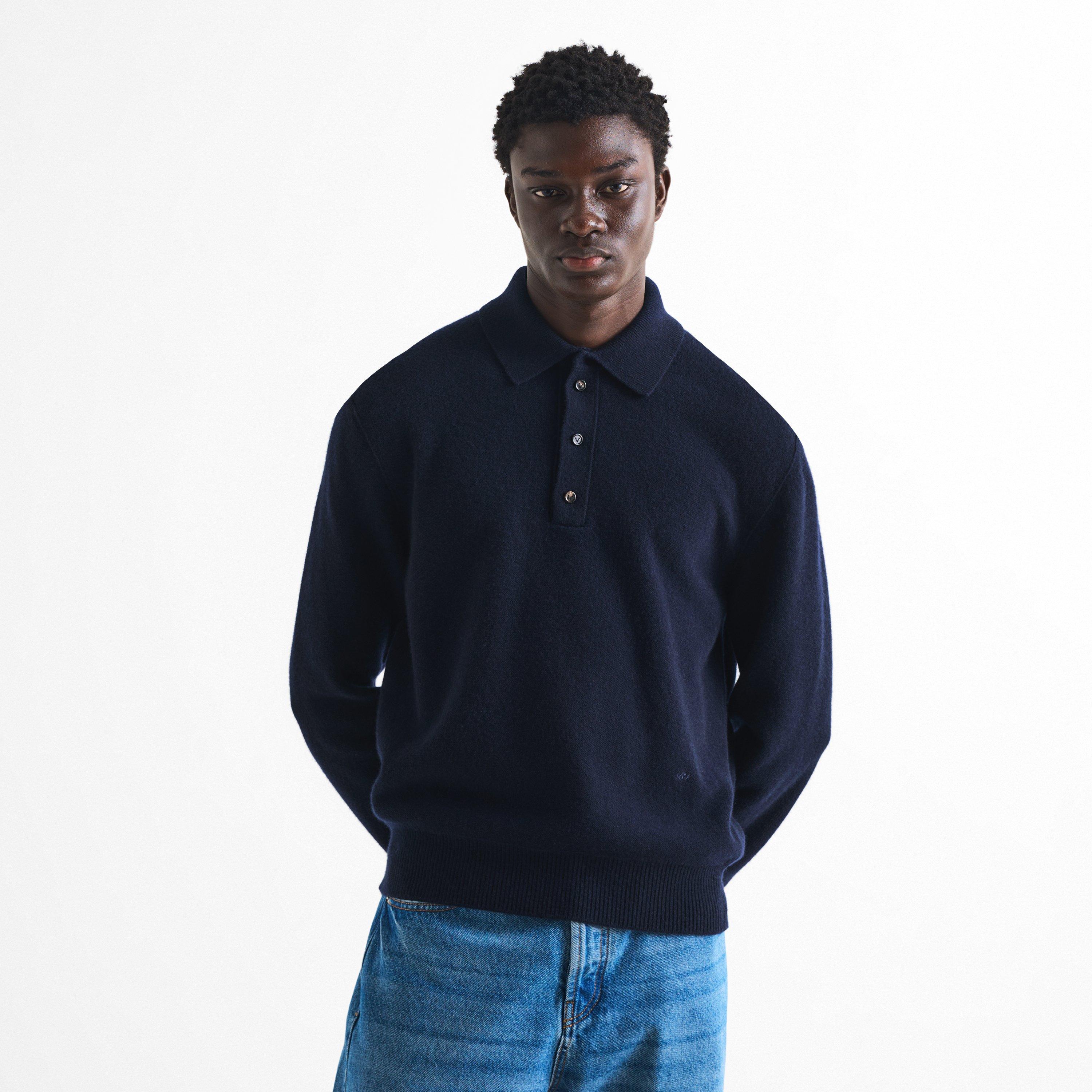 Midnight Blue - Bottega Veneta - Men's Signature Wool Long-Sleeve Polo Shirt - 3