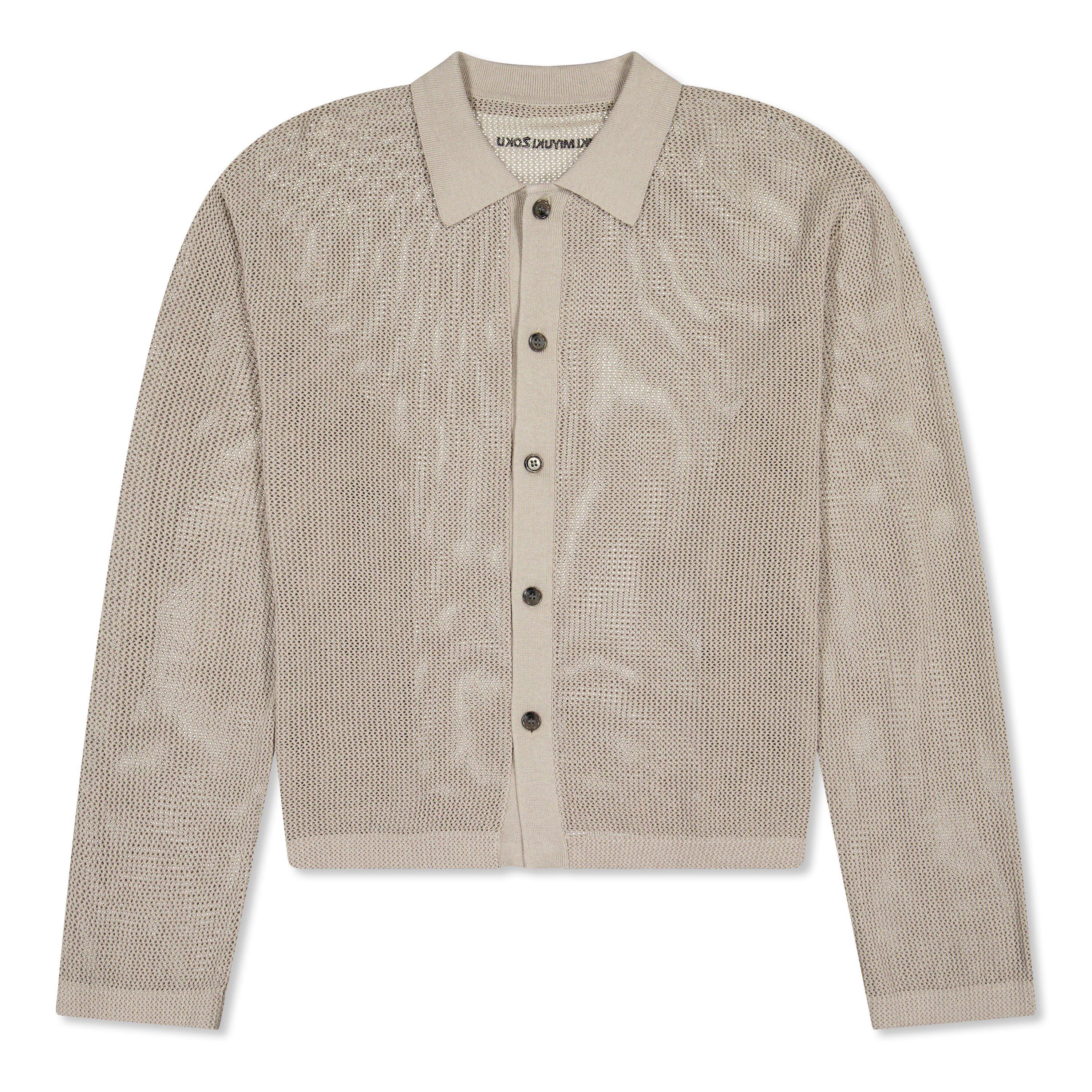 Taupe - MKI MIYUKI ZOKU - Men's Linen Knit Long Sleeve Polo Shirt - 1