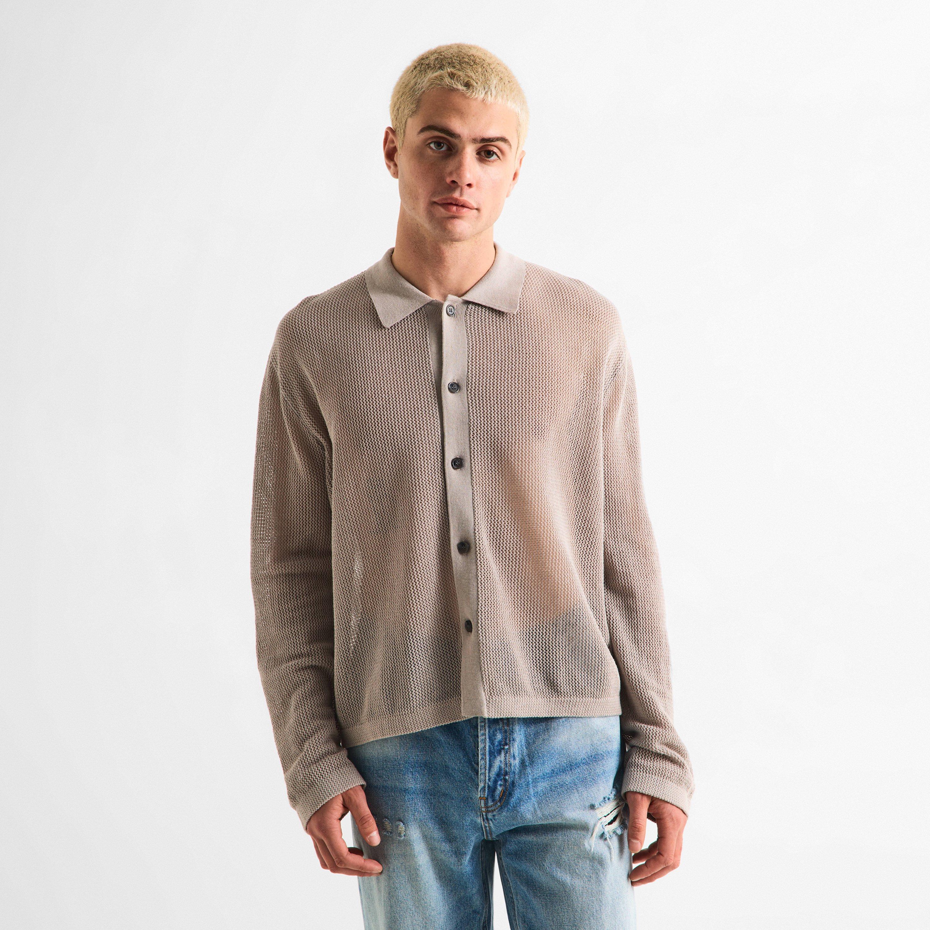 Taupe - MKI MIYUKI ZOKU - Men's Linen Knit Long Sleeve Polo Shirt - 3
