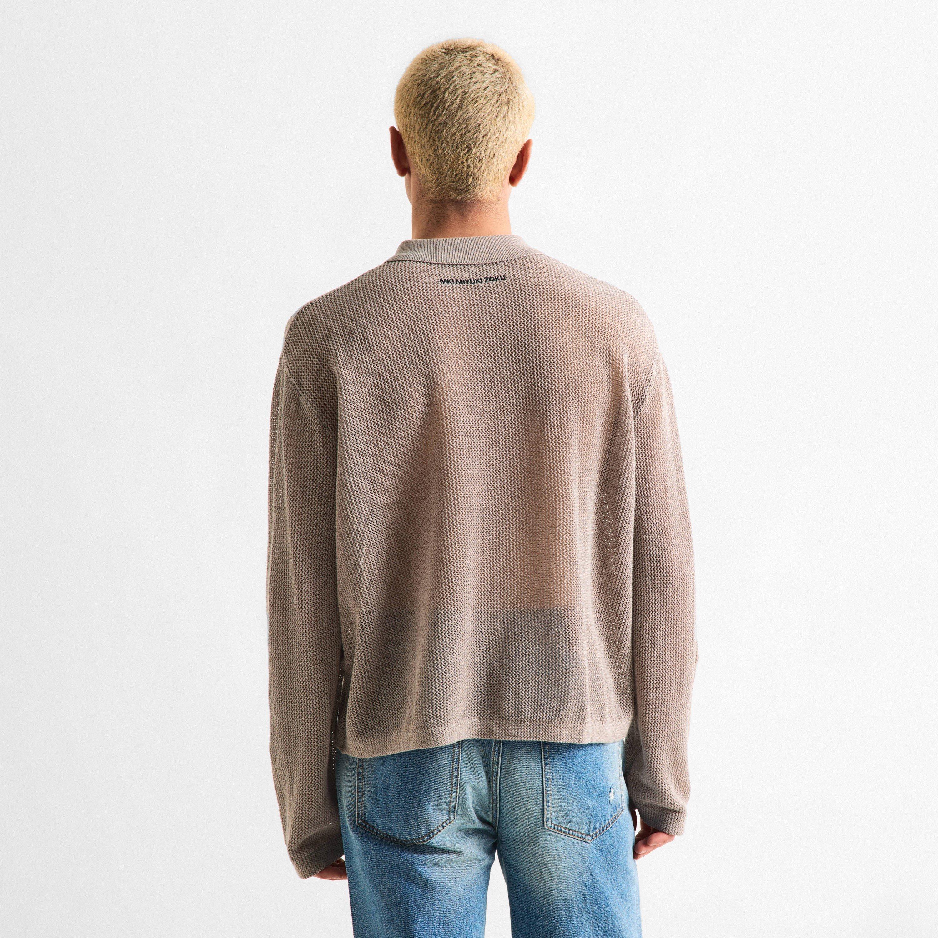 Taupe - MKI MIYUKI ZOKU - Men's Linen Knit Long Sleeve Polo Shirt - 4