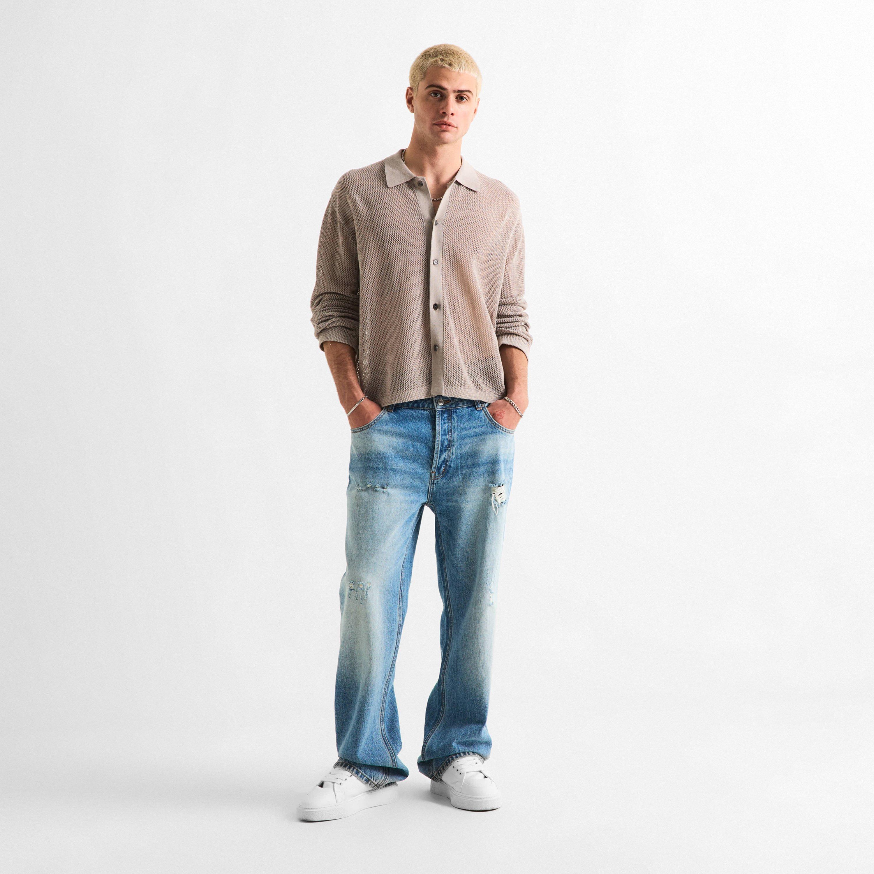 Taupe - MKI MIYUKI ZOKU - Men's Linen Knit Long Sleeve Polo Shirt - 6