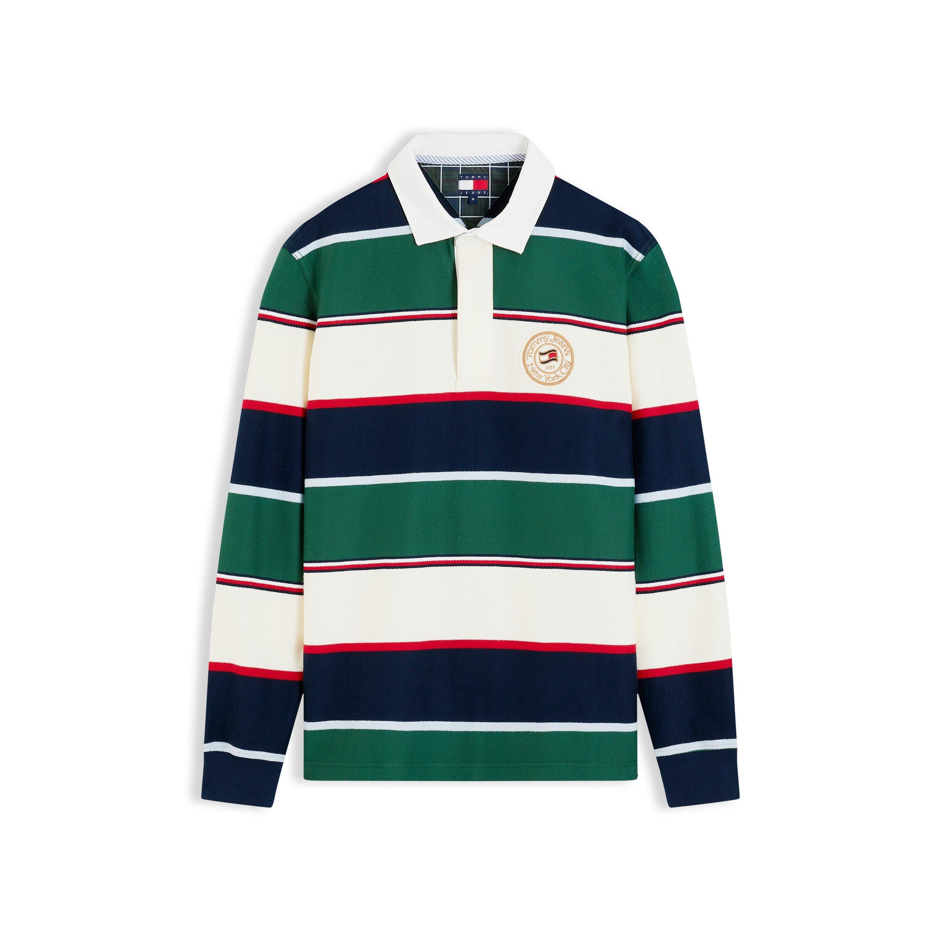 Tommy Jeans Mens Relaxed Varsity Stripe Long Sleeve Polo Shirt, Green, Size S, Men - Image 2