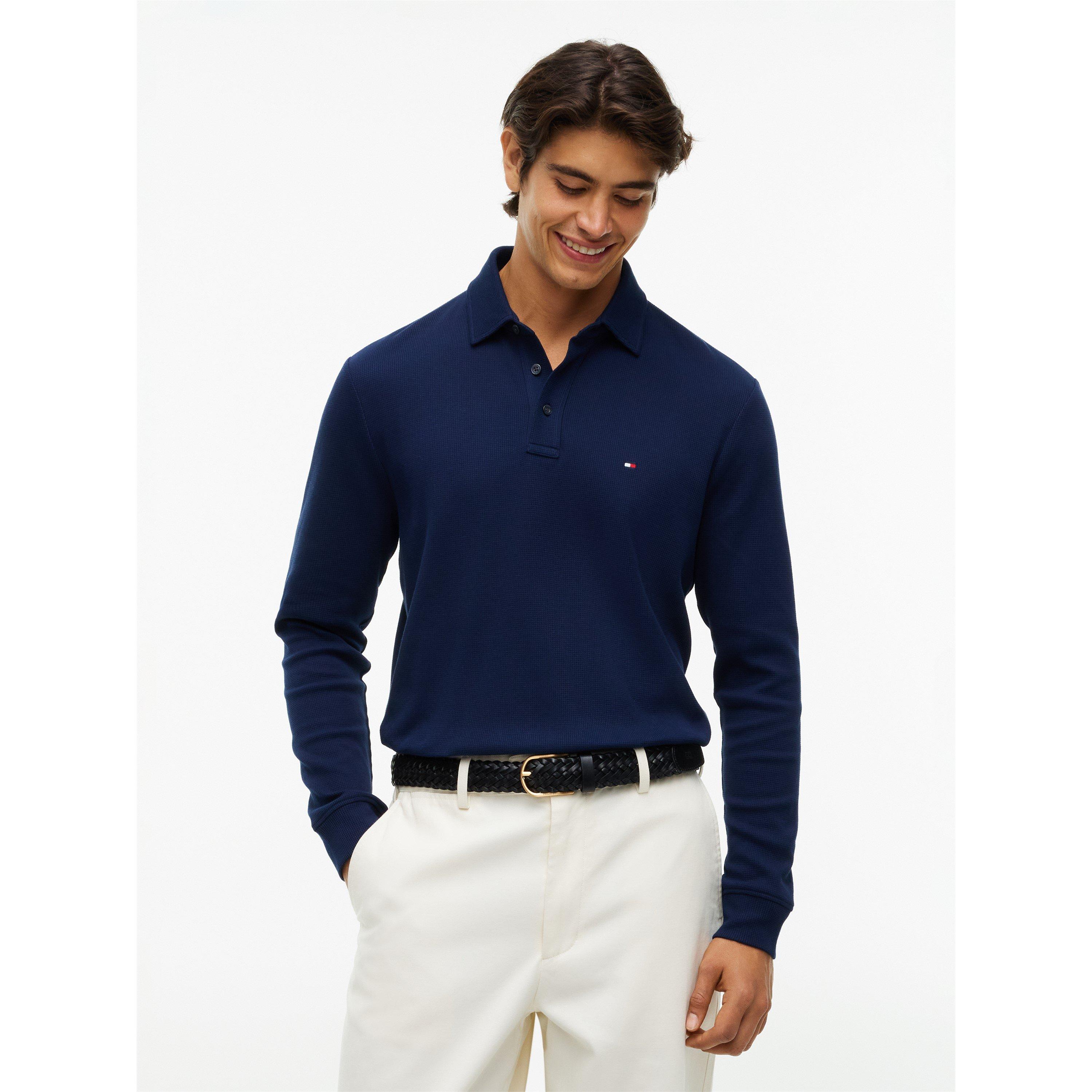 Navy - Tommy Hilfiger - Men's Waffle Cotton Long-Sleeve Polo Shirt - 2