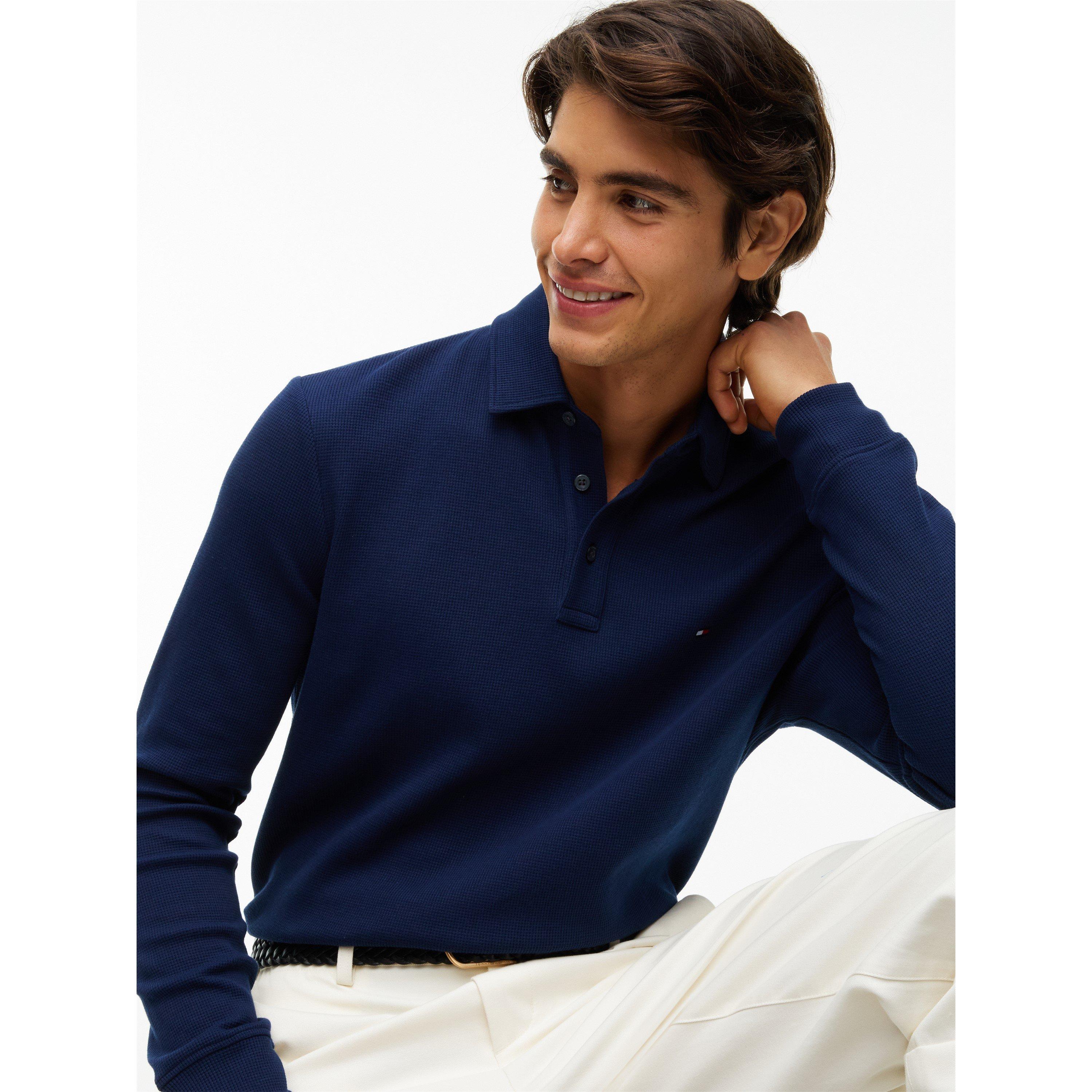 Navy - Tommy Hilfiger - Men's Waffle Cotton Long-Sleeve Polo Shirt - 3