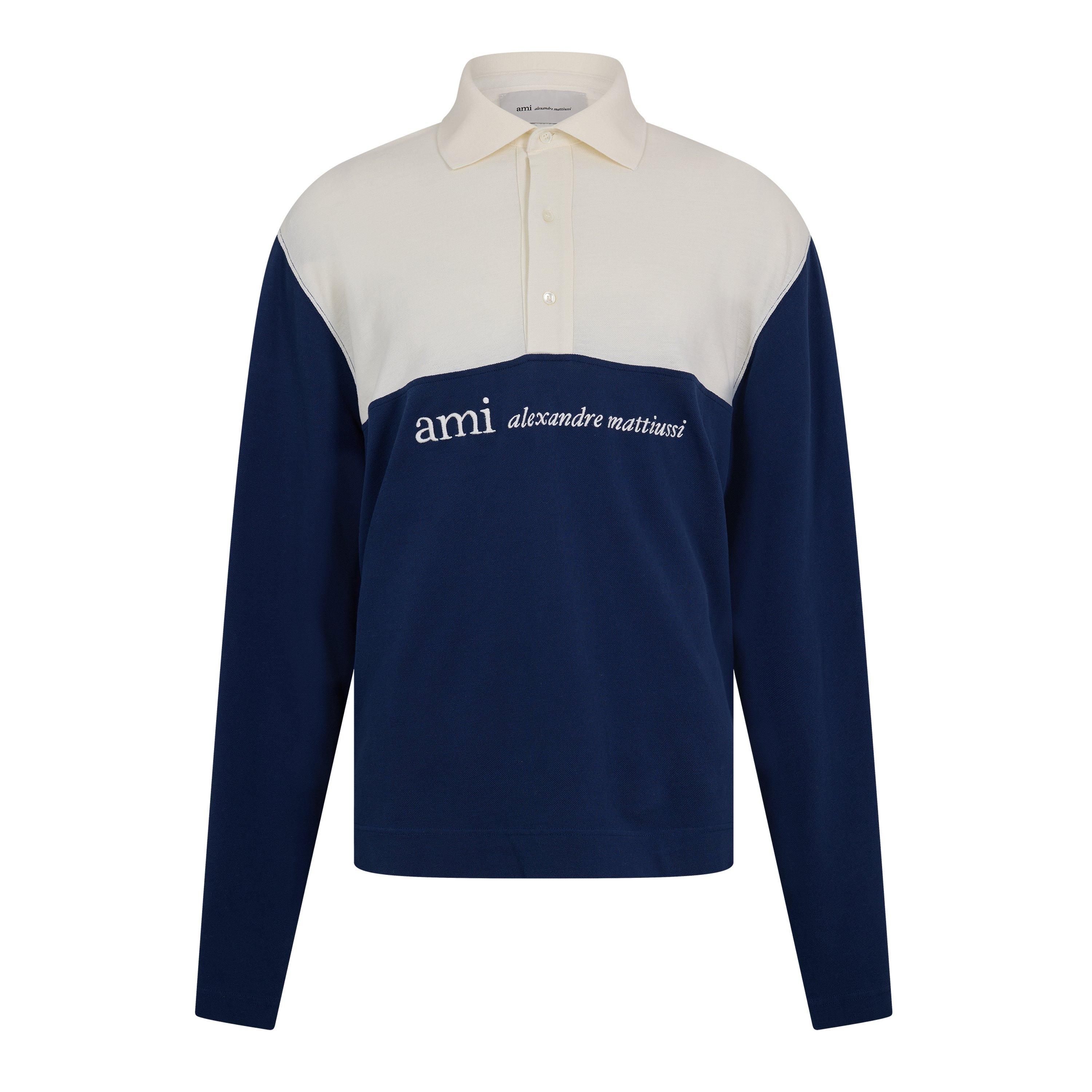 White/Navy - Ami Paris - Men's Logo Long Sleeve Polo Shirt - 1