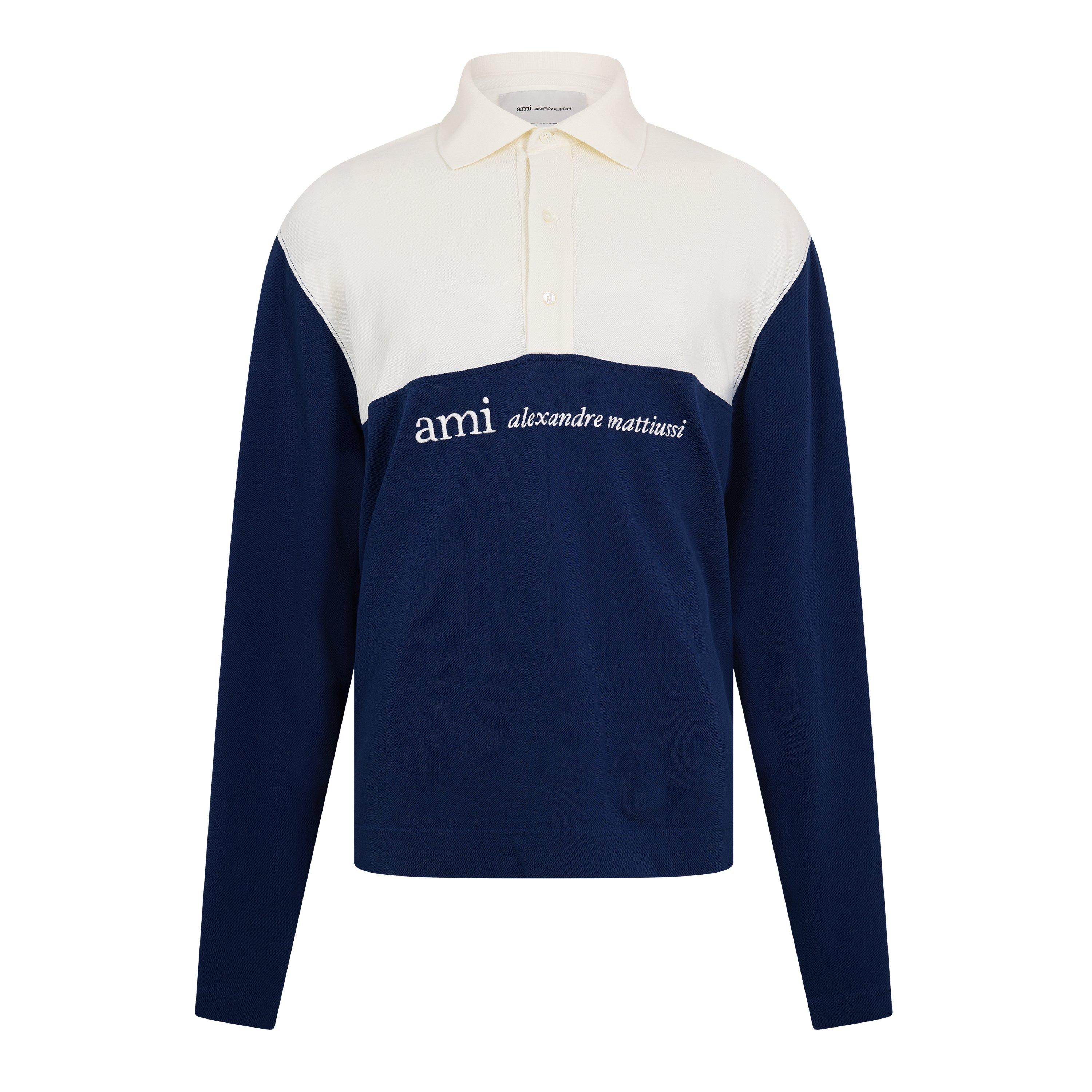 Ami Paris Men's Logo Long Sleeve Polo Shirt - White/Navy - Medium