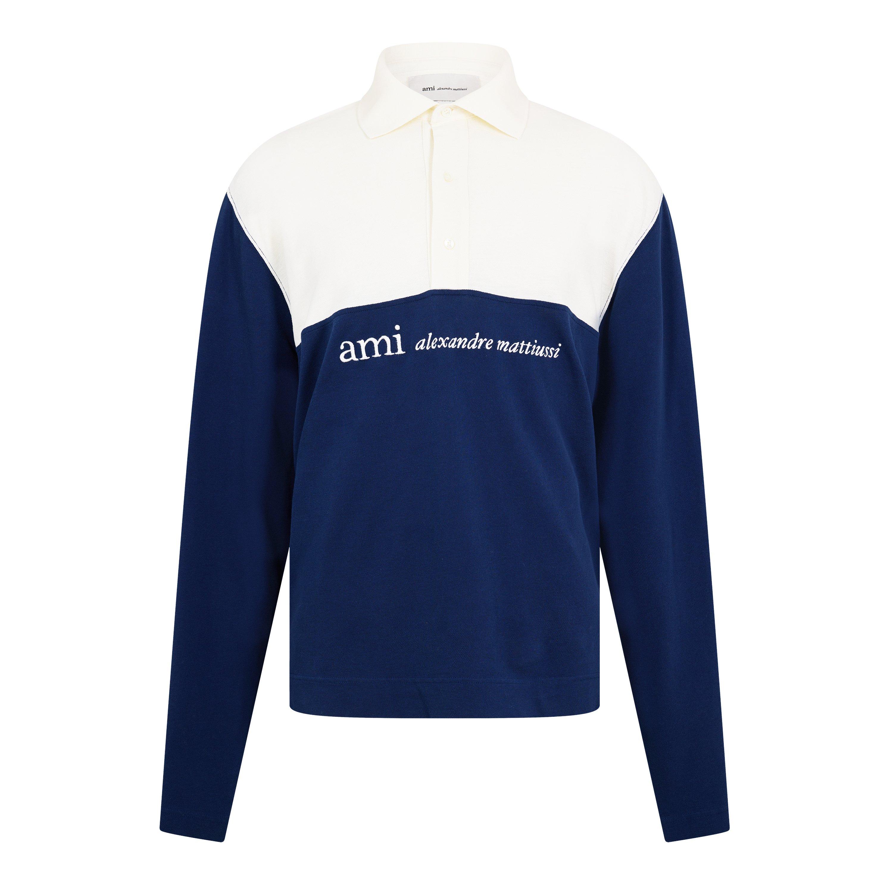 White/Navy - Ami Paris - Men's Logo Long Sleeve Polo Shirt - 1