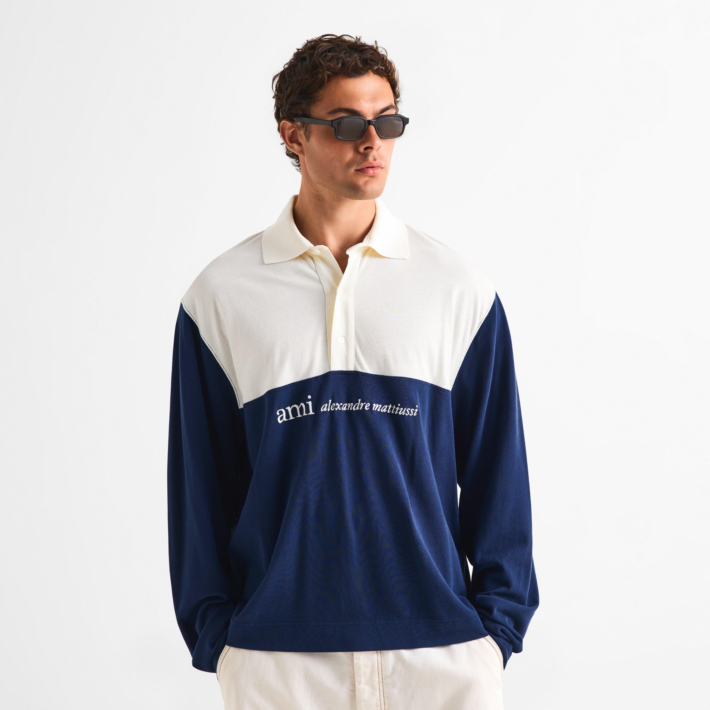 White/Navy - Ami Paris - Men's Logo Long Sleeve Polo Shirt - 3