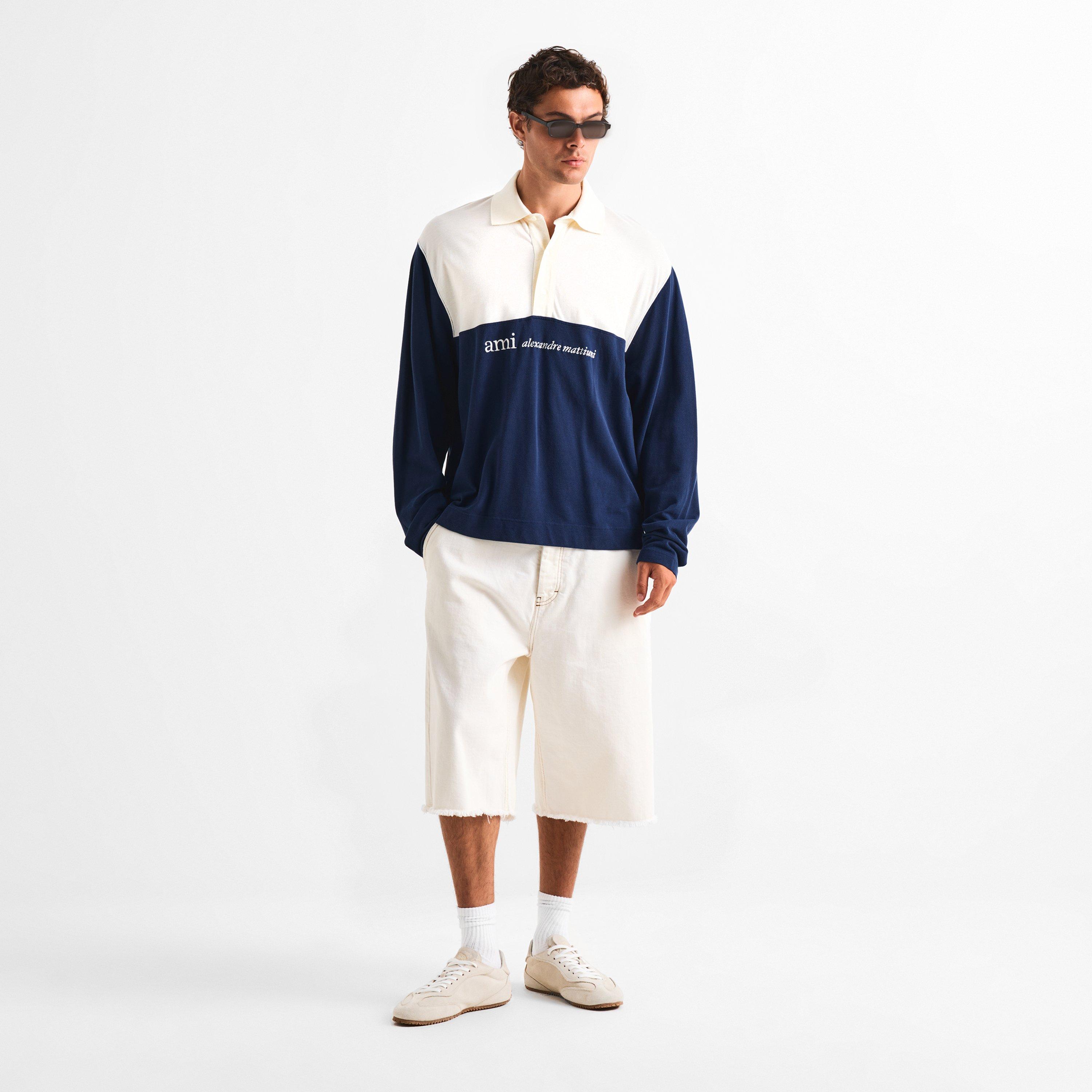 White/Navy - Ami Paris - Men's Logo Long Sleeve Polo Shirt - 6