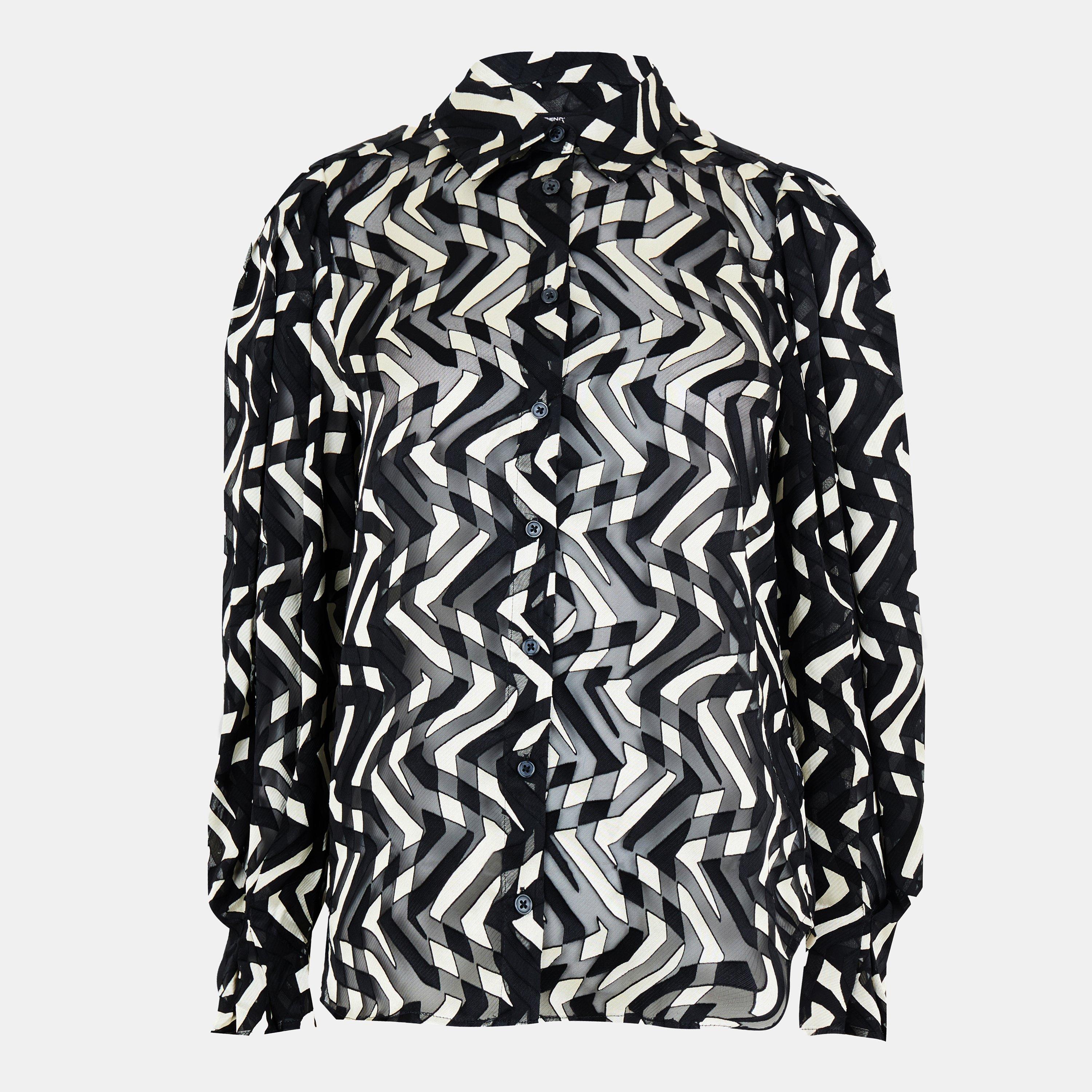 French Connection Women's Diandra Satin Devore Long Sleeve Blouse - Black Cream - 8 (XS)