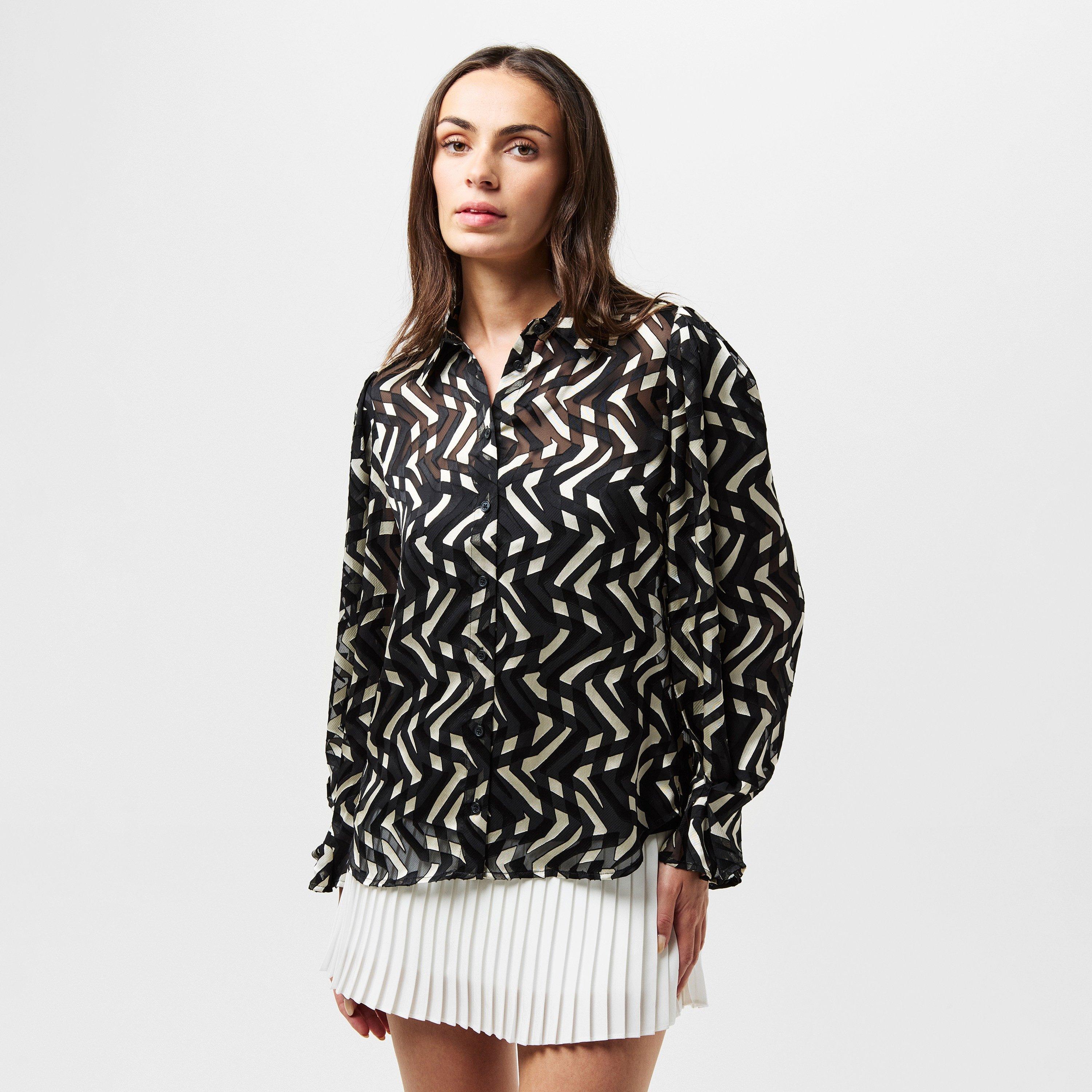 Black Cream - French Connection - Women's Diandra Satin Devore Long-Sleeve Blouse - 3