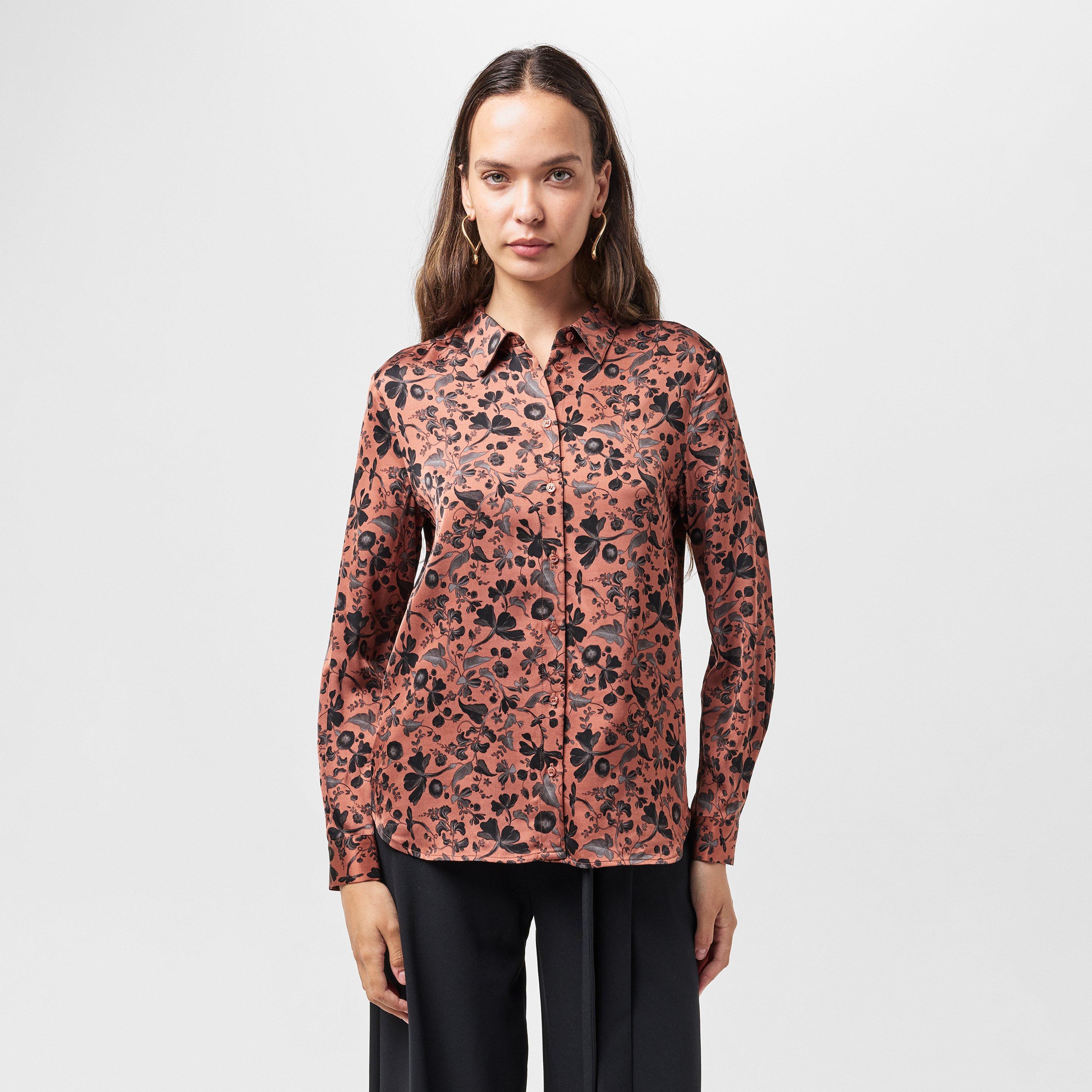 Russet Brown - French Connection - Women's Jeanie Ennis Satin Long-Sleeve Blouse - 2