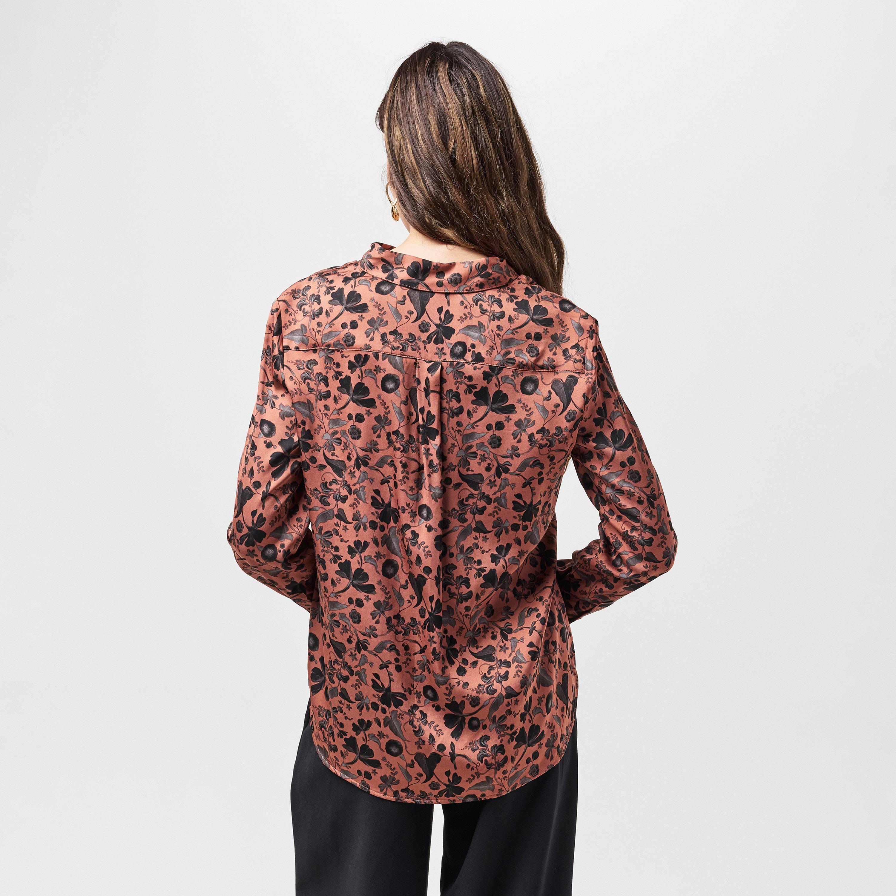 Russet Brown - French Connection - Women's Jeanie Ennis Satin Long-Sleeve Blouse - 3