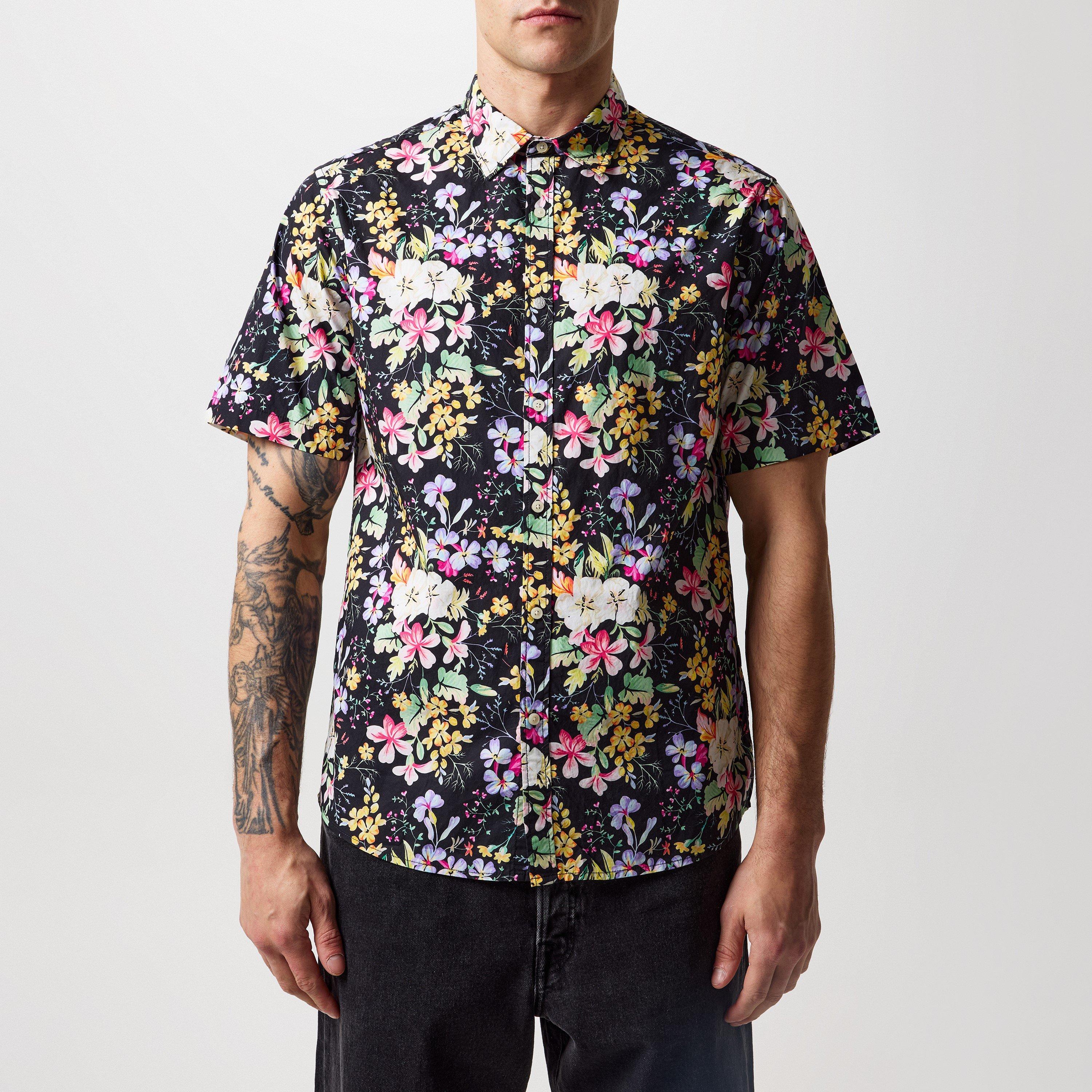 Replay Men's Floral Print Short-Sleeve Patterned Shirt - Black 010 - M