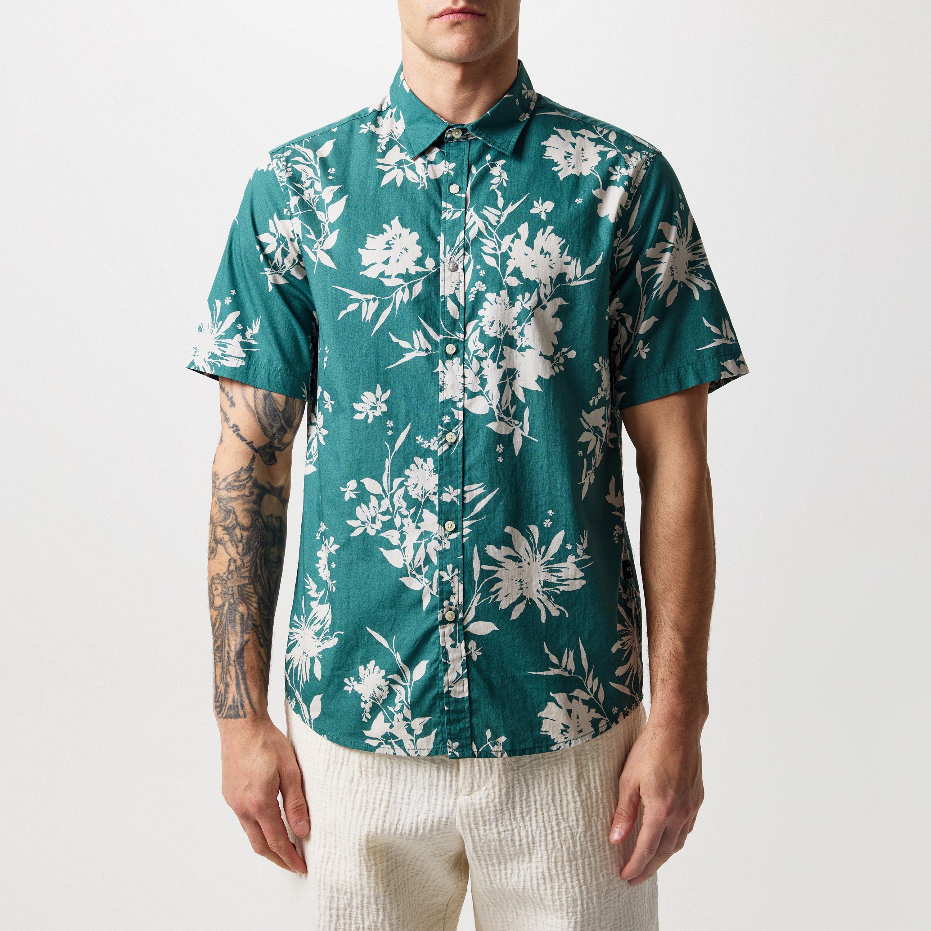 Replay Men's Floral Print Short-Sleeve Patterned Shirt - Green 010 - S