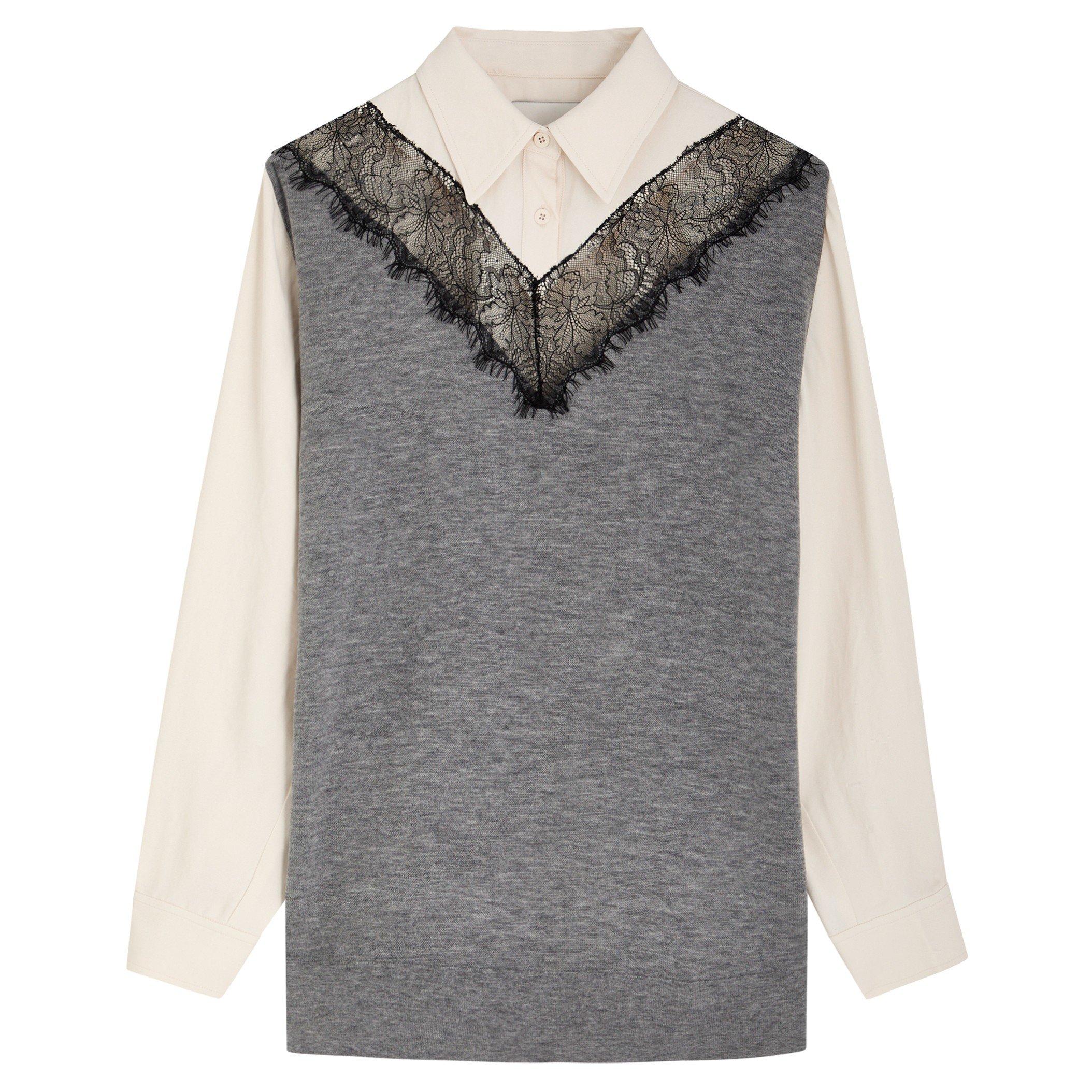 GREY AND OTHER - Philip Lim - KNIT COMBO SHIRT W LACE